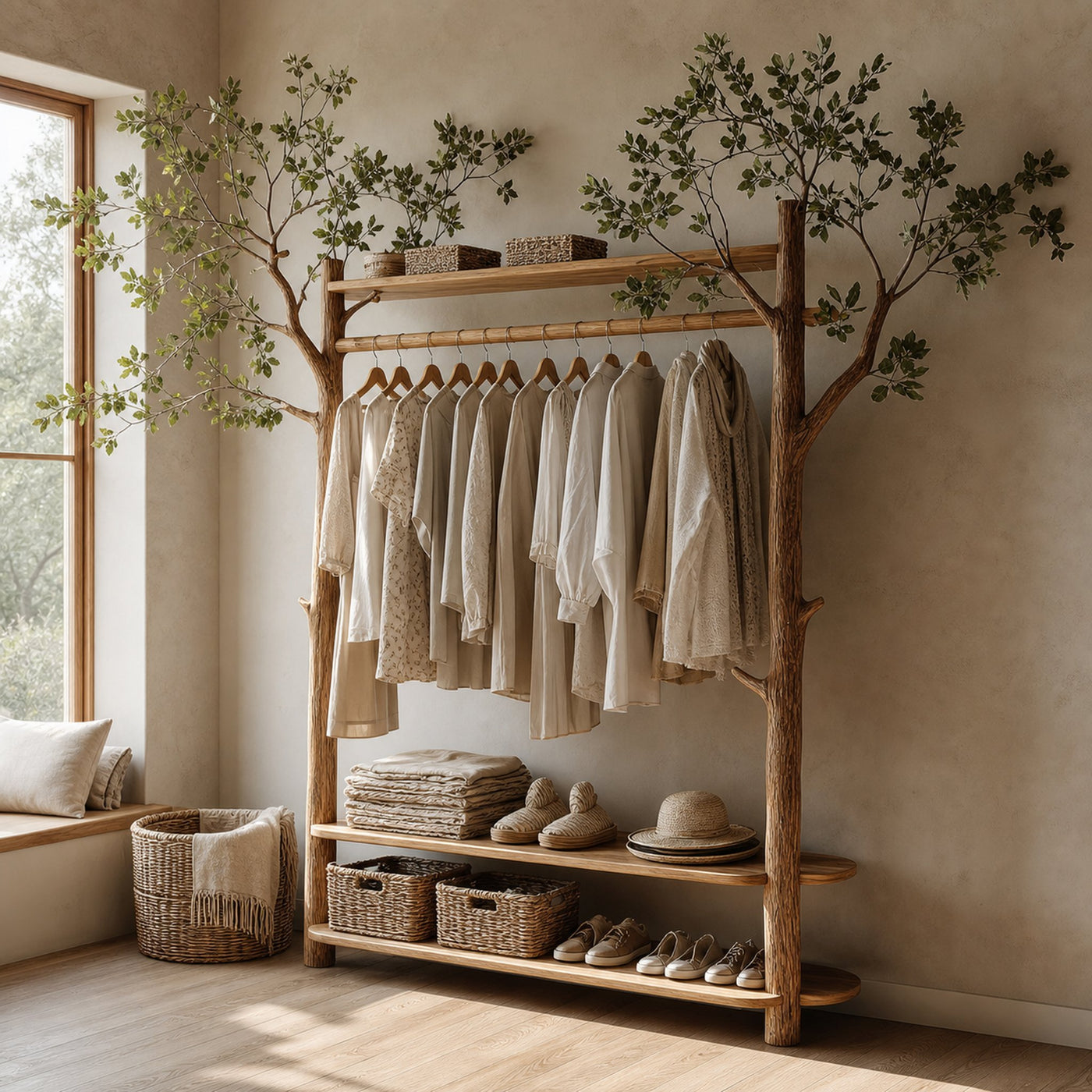 Rustic Tree Clothes Rack Solid Wood Bedroom Organizer