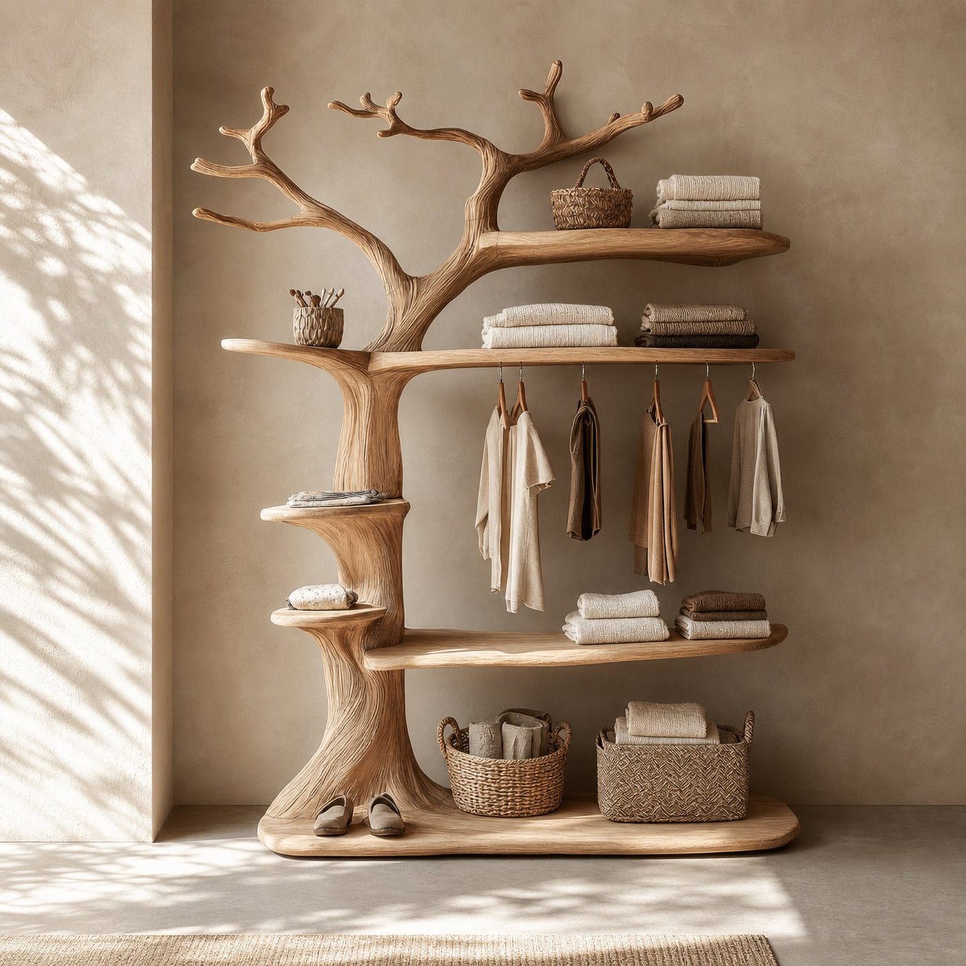 Rustic Tree Clothing Rack With Display Shelves For Bedroom