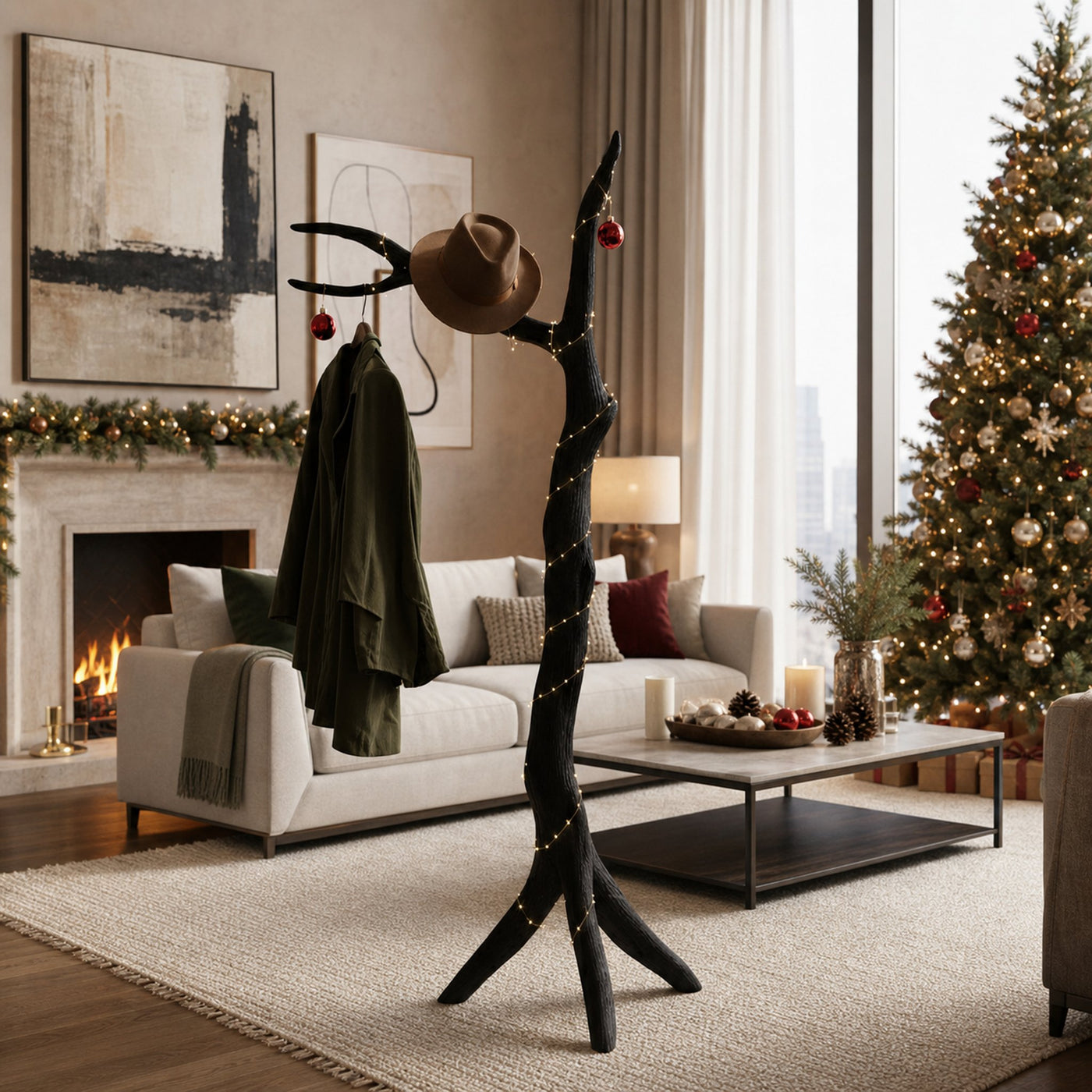 Rustic Tree Coat Rack Handcrafted Christmas Living Room Decor