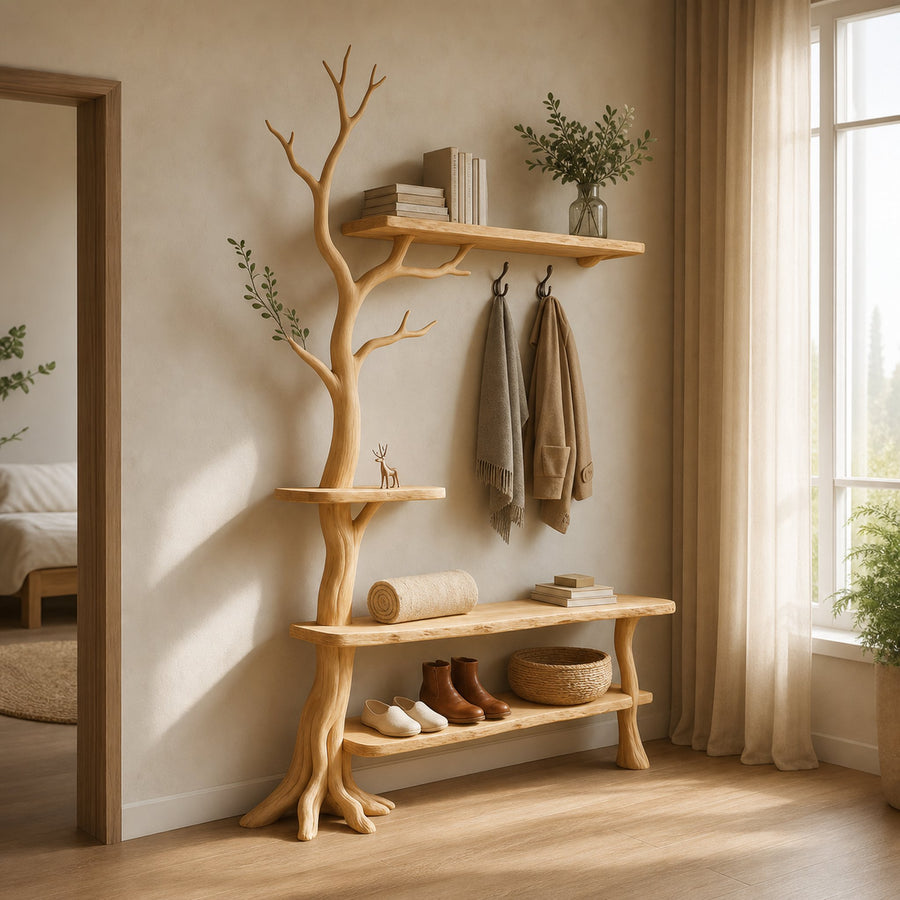 Rustic Tree Coat Rack Shoe Bench Bedroom