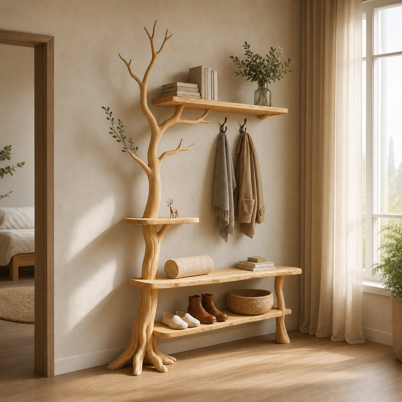 Rustic Tree Coat Rack Shoe Bench Bedroom
