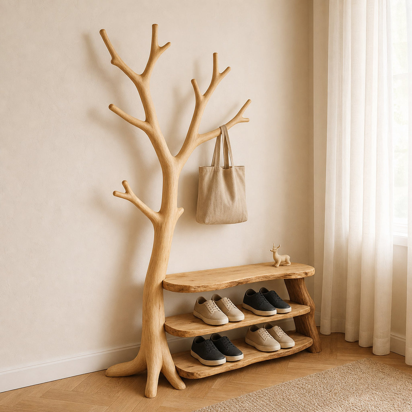Rustic Tree Coat Rack Shoe Bench Entryway