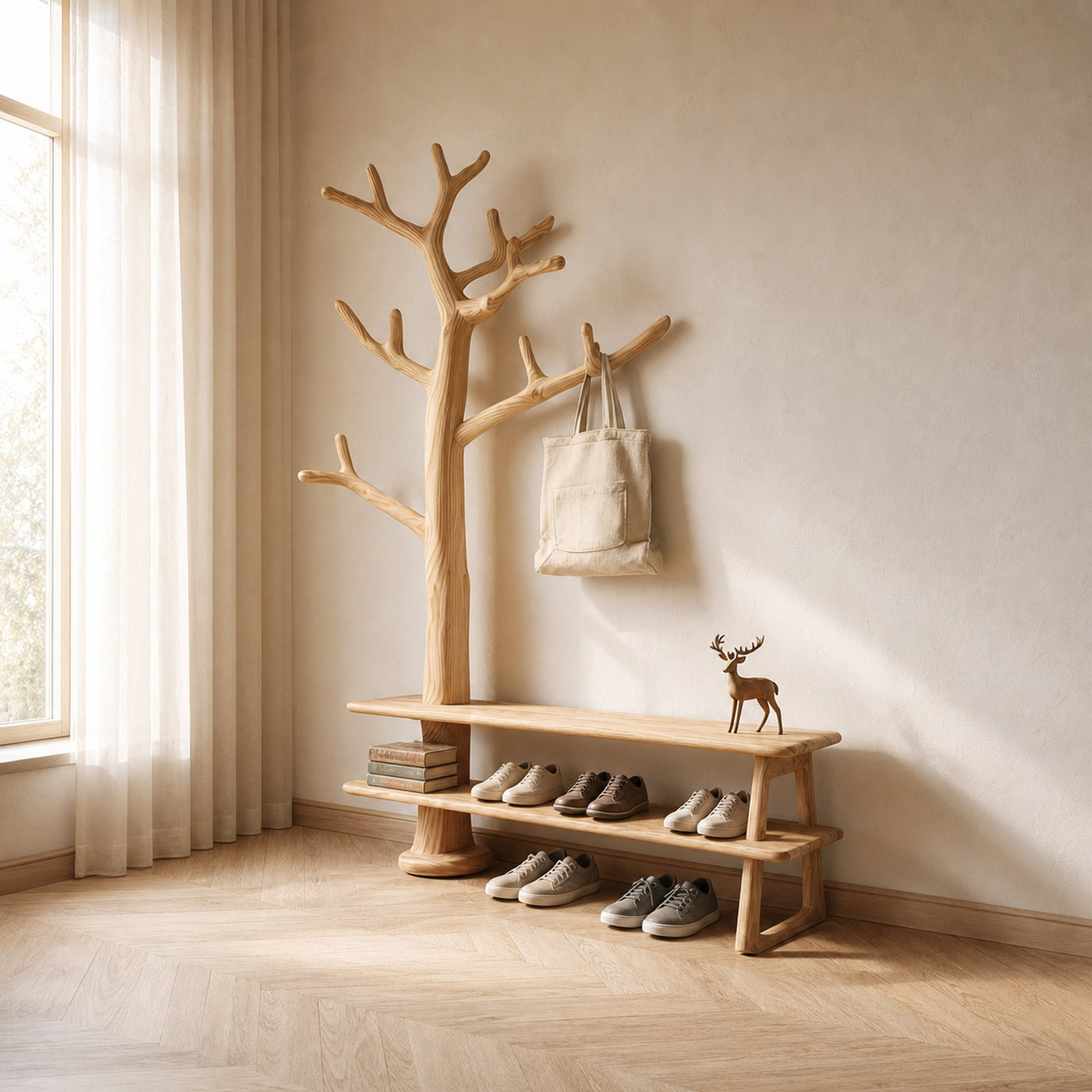 Rustic Tree Coat Rack Shoe Bench Entryway Halway