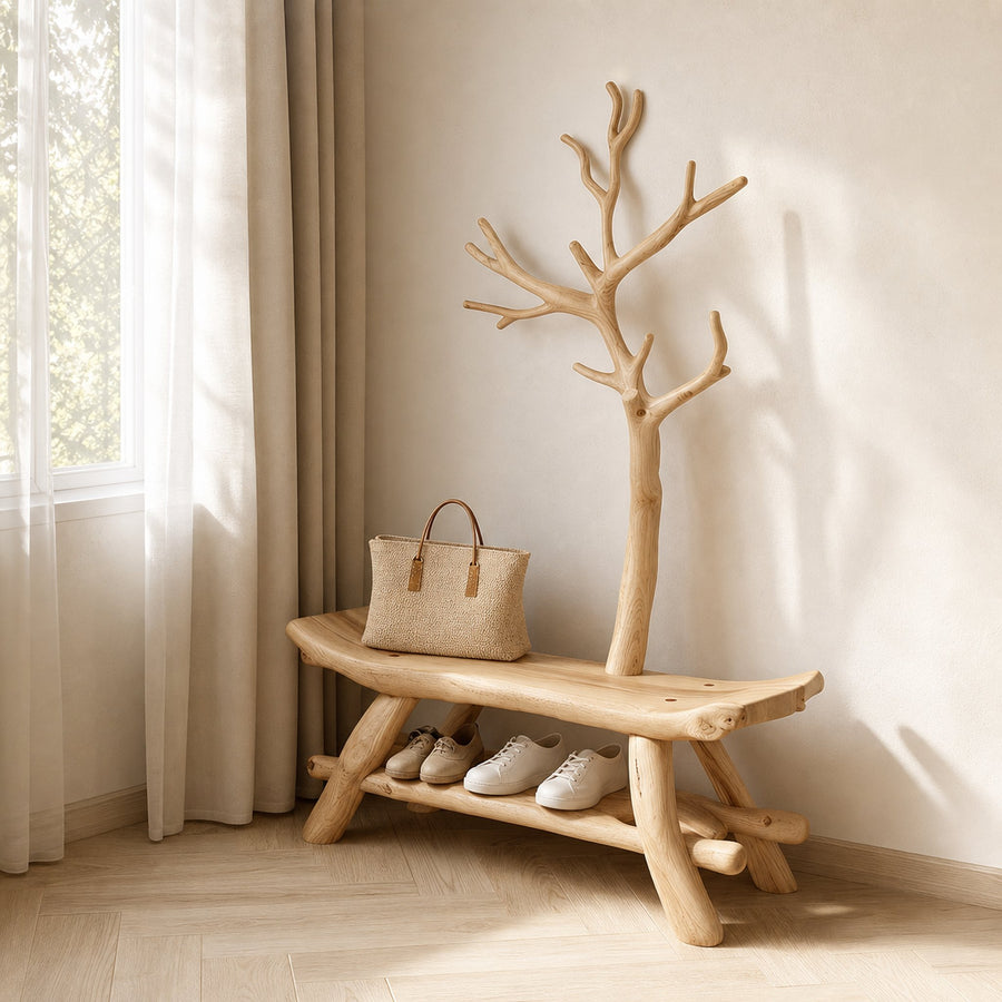 Rustic Tree Coat Rack Shoe Organizer Living Room