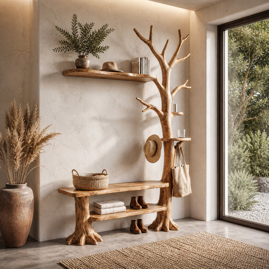 Rustic Tree Coat Rack With Integrated Bench And Floating Display Shelves For Entryway