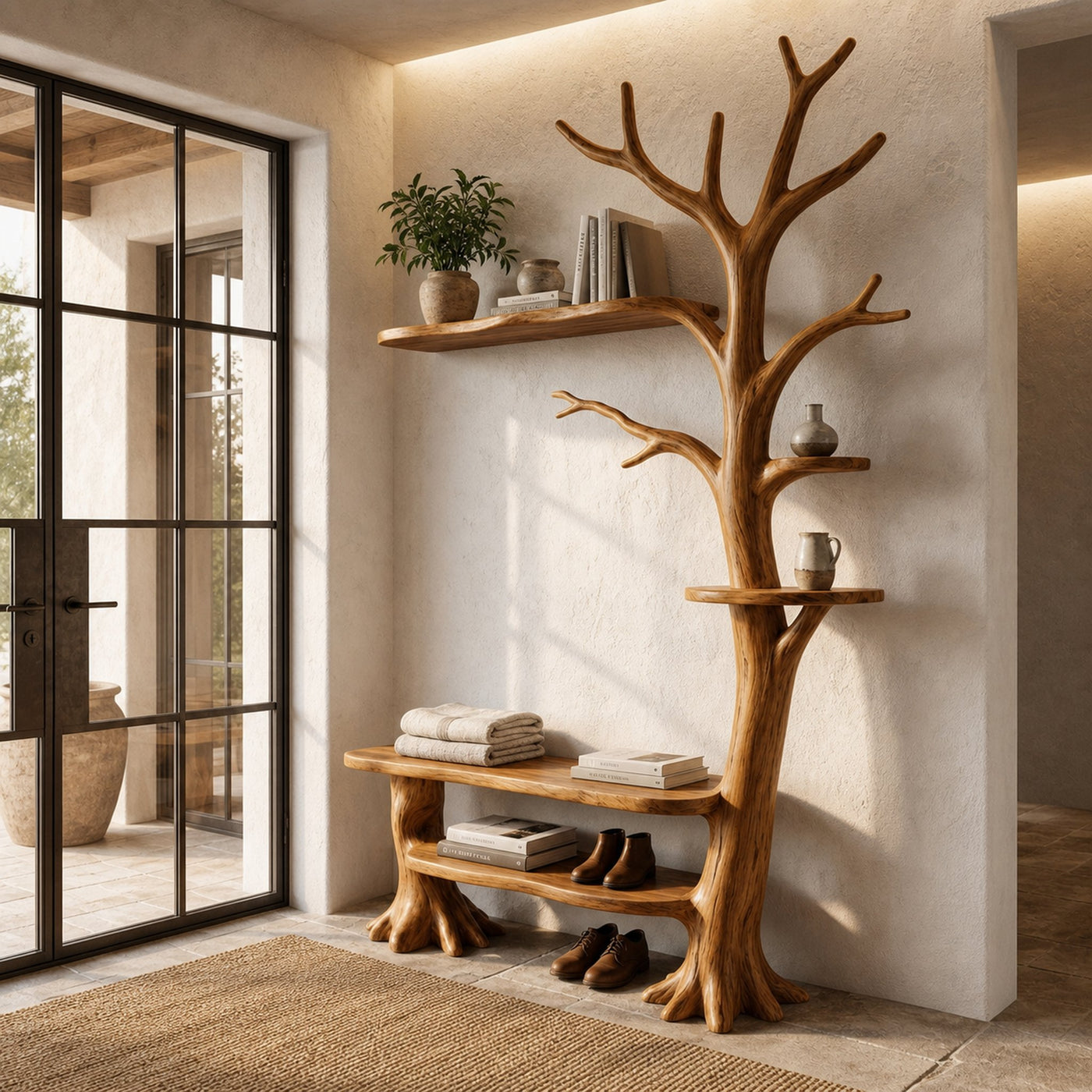 Rustic Tree Coat Rack With Integrated Bench And Floating Display Shelves For Entryway - product view 6