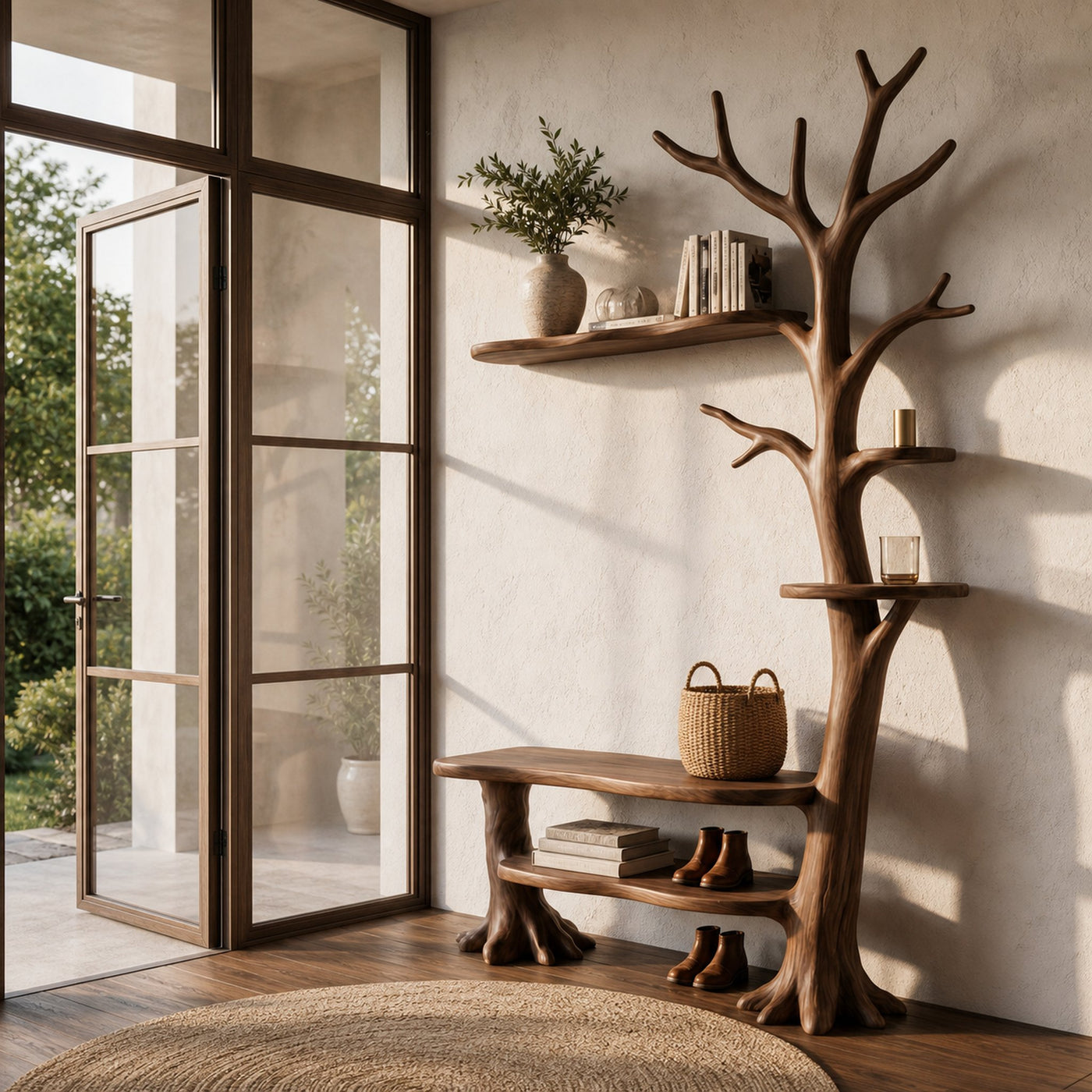 Rustic Tree Coat Rack With Integrated Bench And Floating Display Shelves For Entryway - product view 7