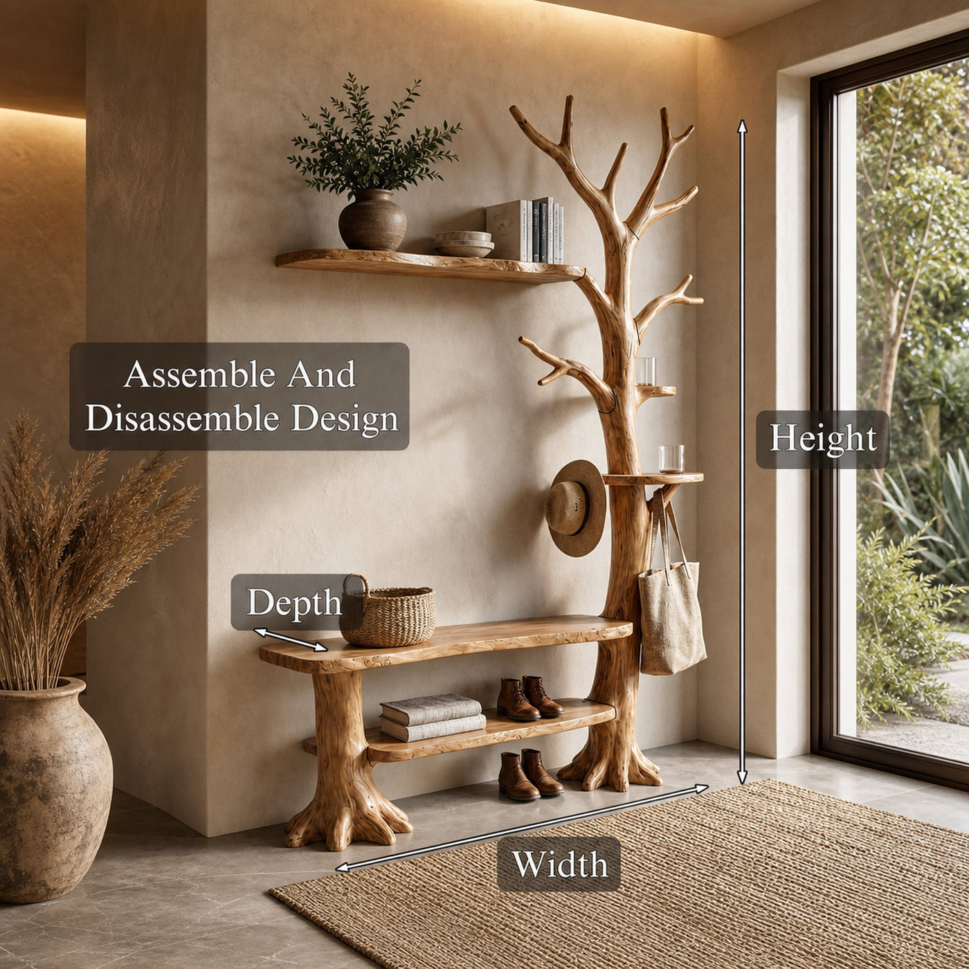Rustic Tree Coat Rack With Integrated Bench And Floating Display Shelves For Entryway - product view 8