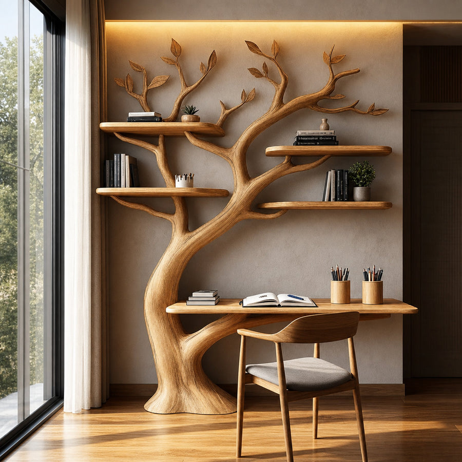Rustic Tree Shelf Desk Solid Wood Wall Art Study Corner