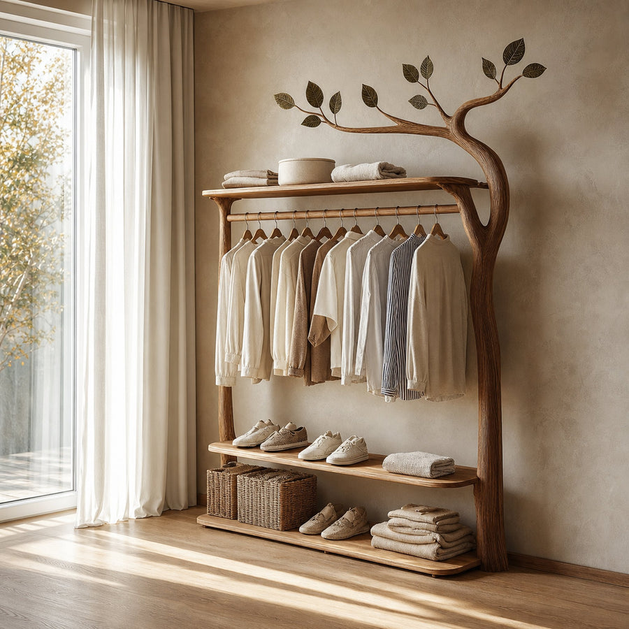 Rustic Tree Wardrobe Rack Solid Wood Bedroom Organizer