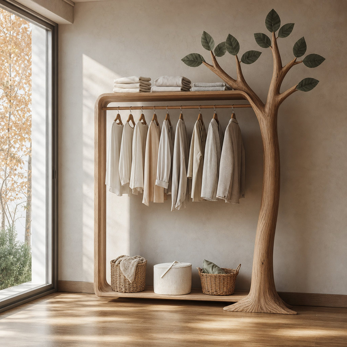Rustic Tree Wardrobe Rack Solid Wood Bedroom Organizer