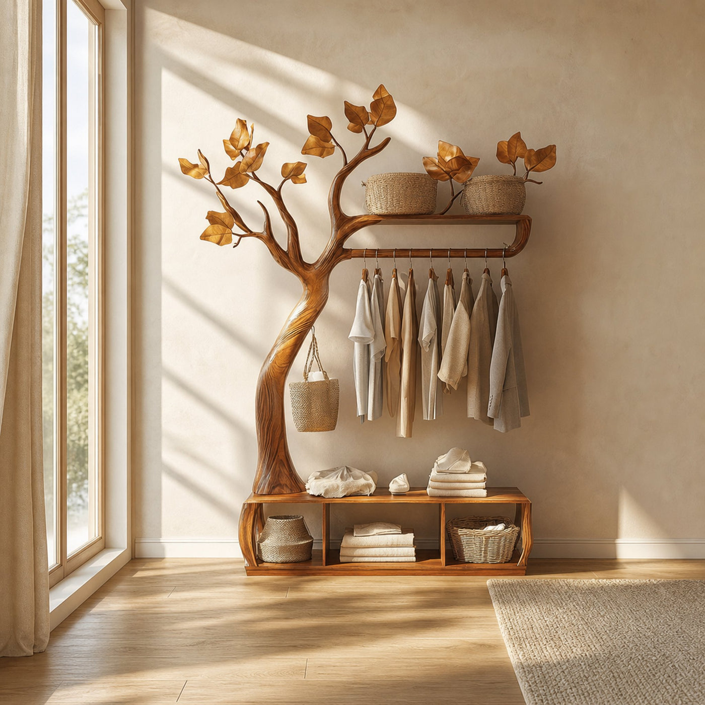Rustic Tree coat Rack Bedroom Closet Organizer Storage