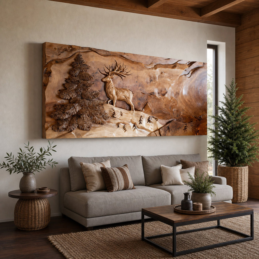 Rustic Wall Art With Carved Deer For Living Room