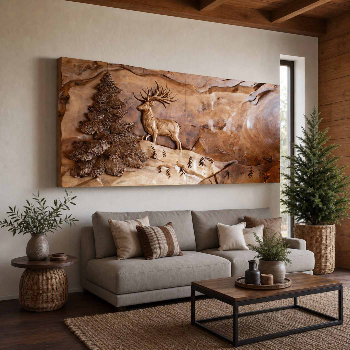 Rustic Wall Art With Carved Deer For Living Room