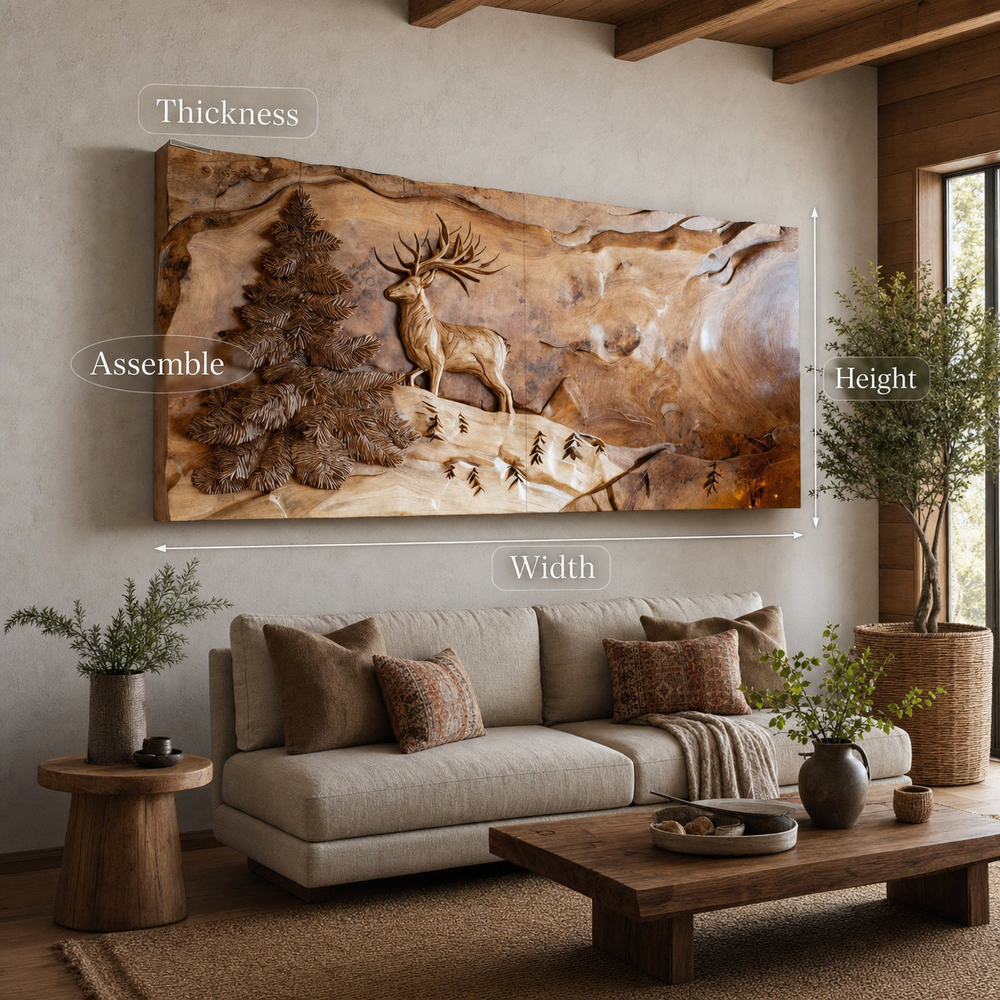 Rustic Wall Art With Carved Deer For Living Room - product view 6