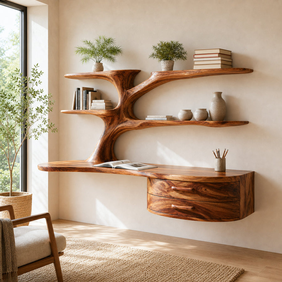 Rustic Wooden Desk With Sculptural Shelving And Drawer For Workspace
