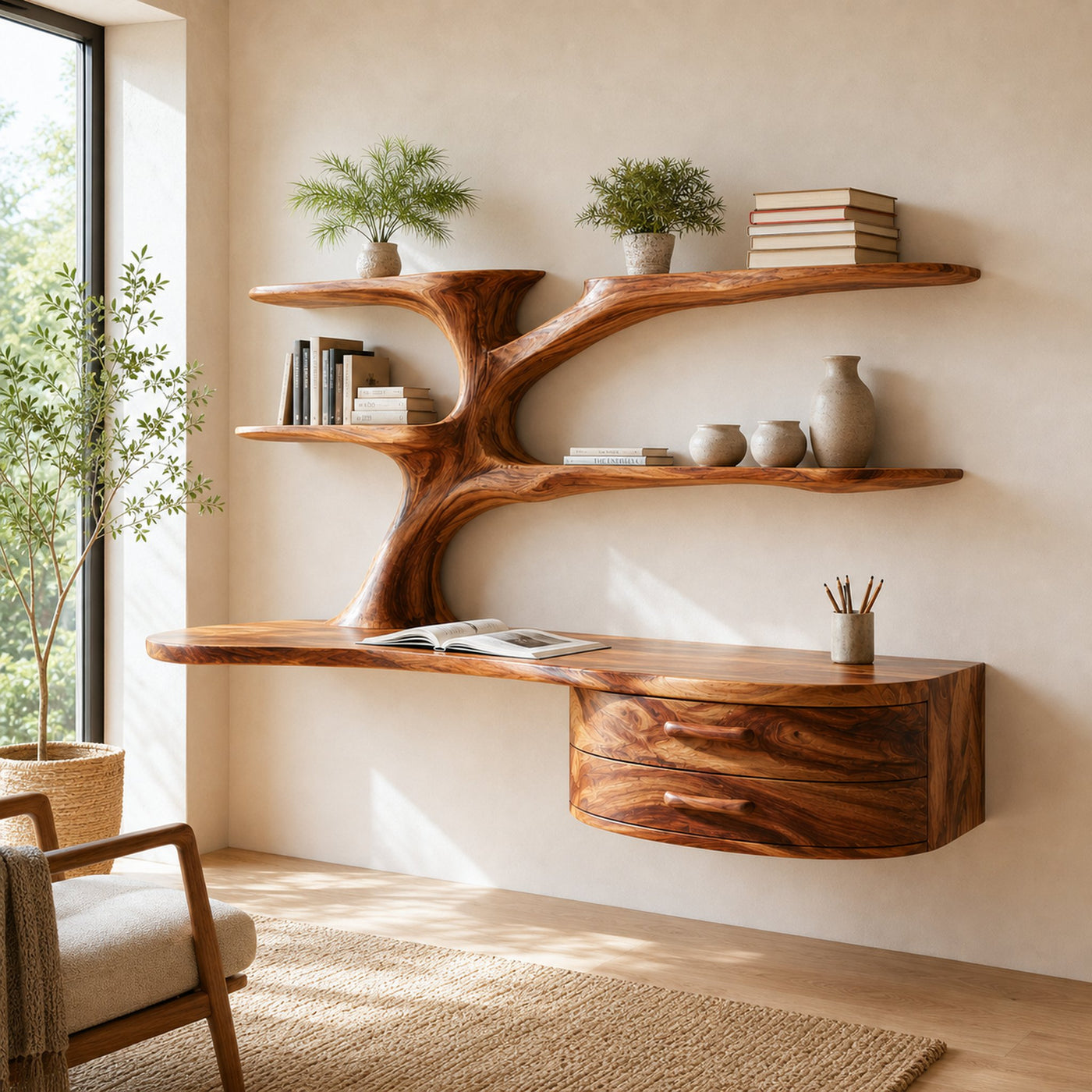 Rustic Wooden Desk With Sculptural Shelving And Drawer For Workspace