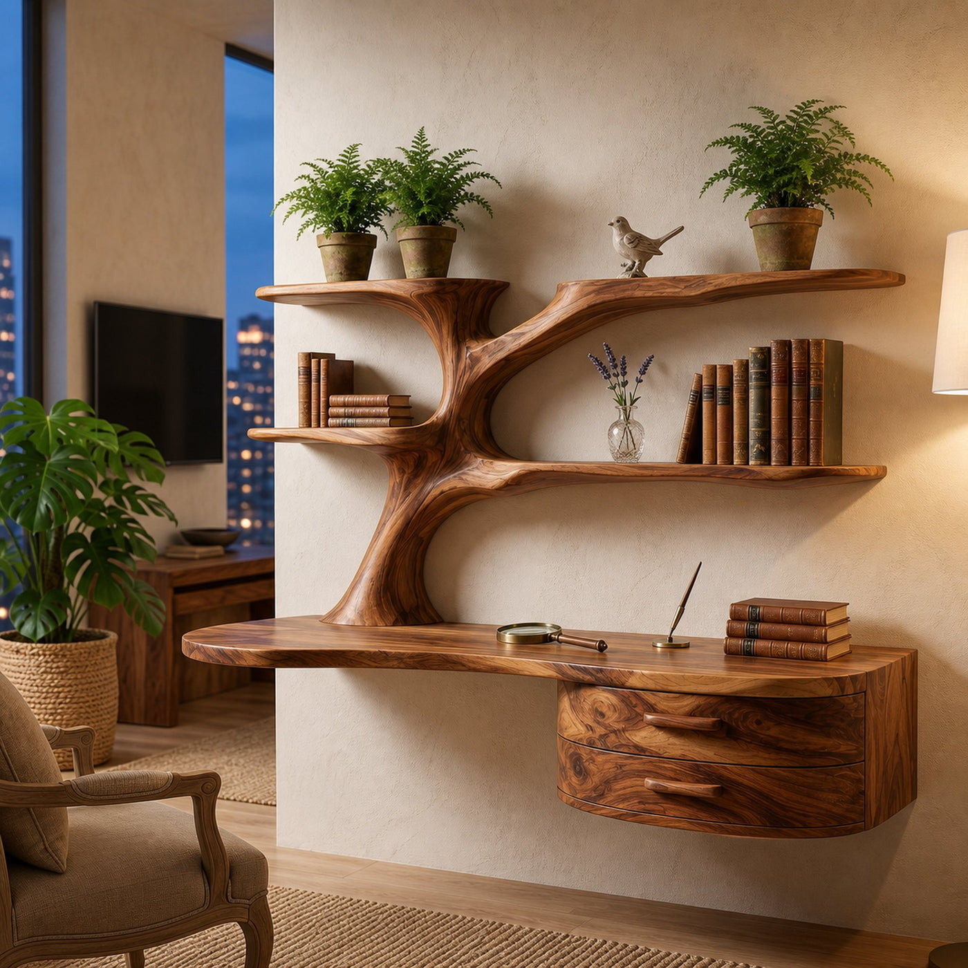 Rustic Wooden Desk With Sculptural Shelving And Drawer For Workspace - product view 6
