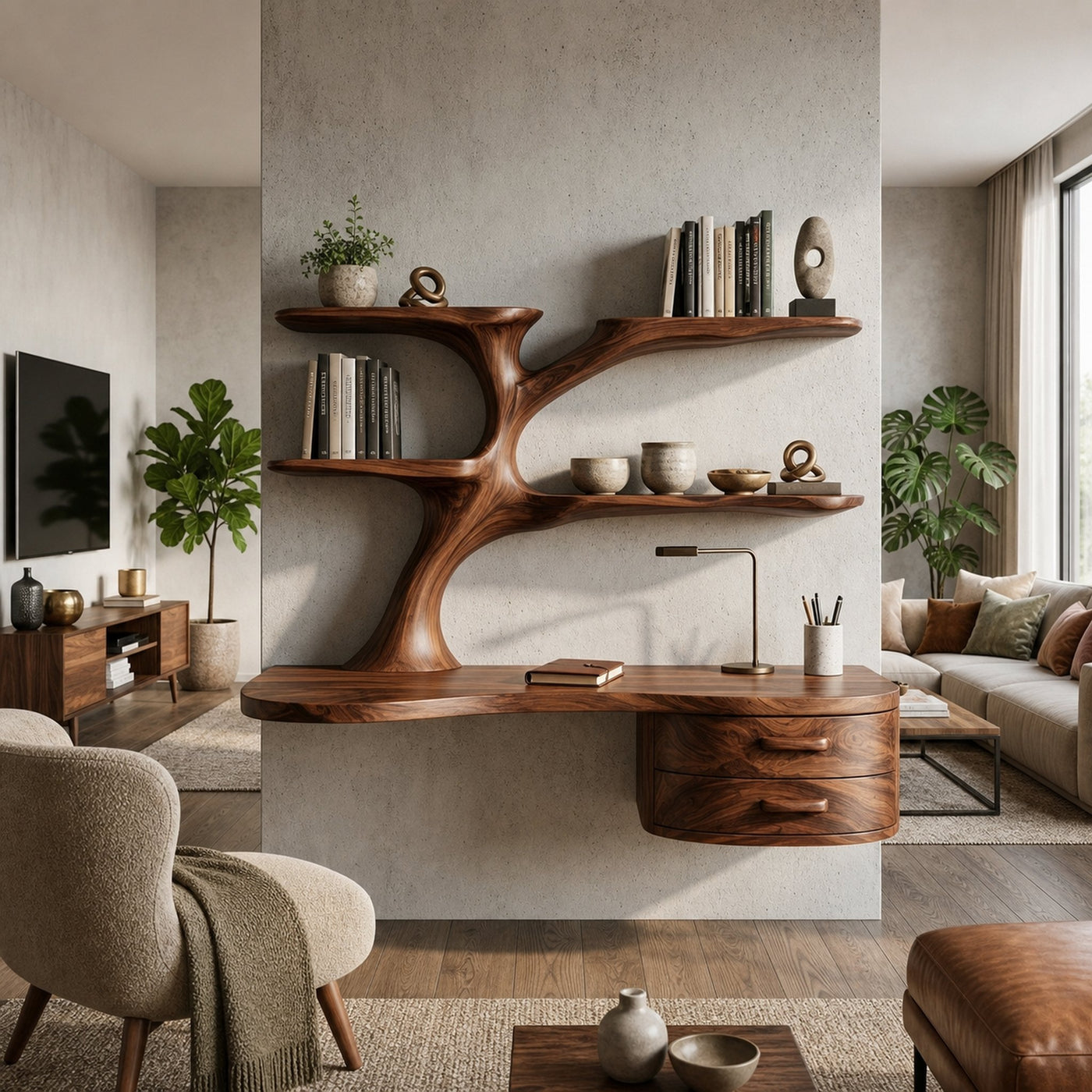 Rustic Wooden Desk With Sculptural Shelving And Drawer For Workspace - product view 7
