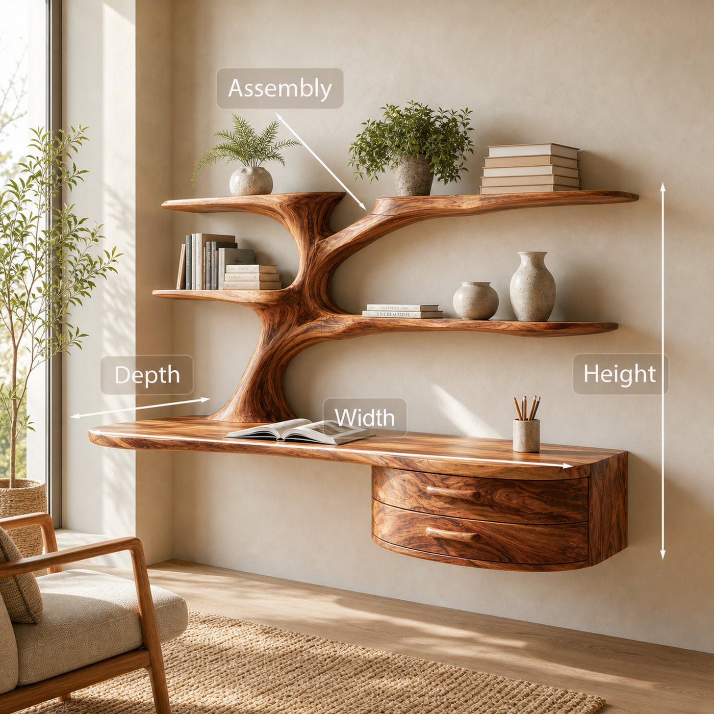 Rustic Wooden Desk With Sculptural Shelving And Drawer For Workspace - product view 8