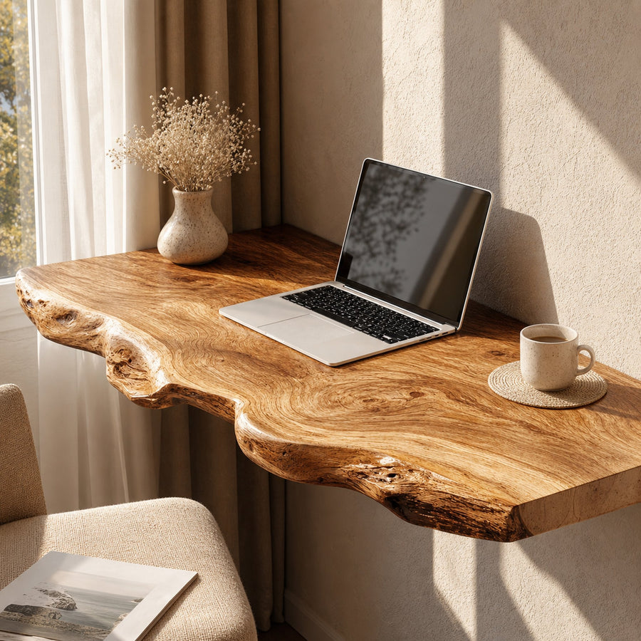 Rustic Wooden Floating Table For Comfort Oriented Bedroom Design
