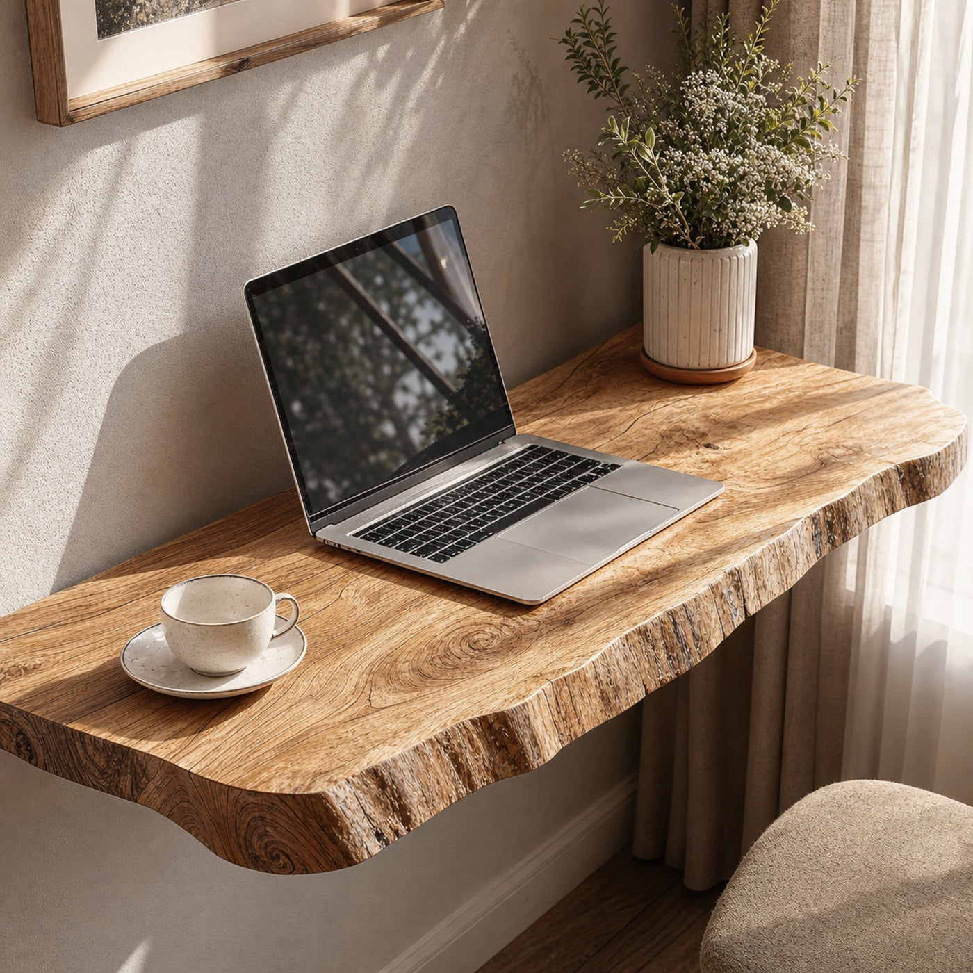 Rustic Wooden Floating Table For Serene Bedroom Inspiration