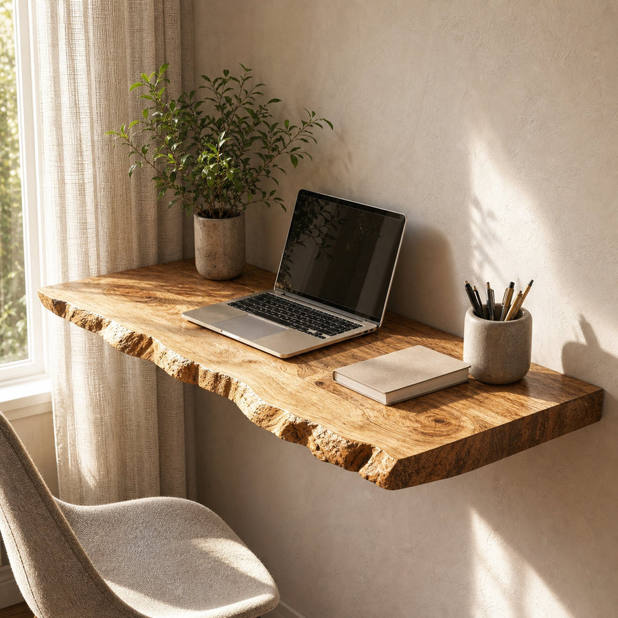 Rustic Wooden Floating Table For Thoughtful Bedroom Decoration
