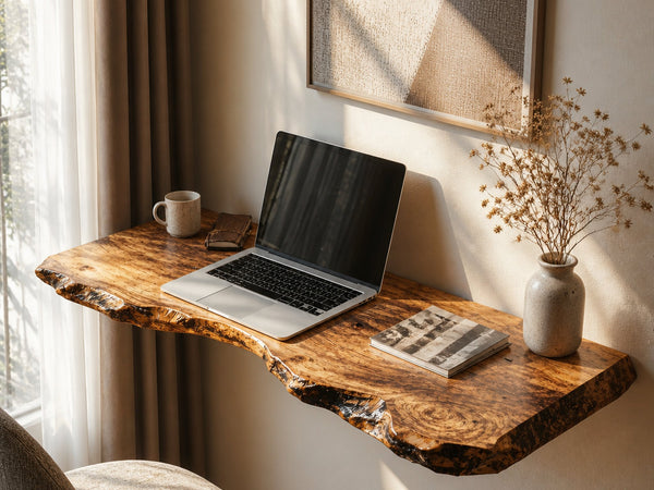 Rustic Wooden Floating Table For Warm Bedroom Atmosphere