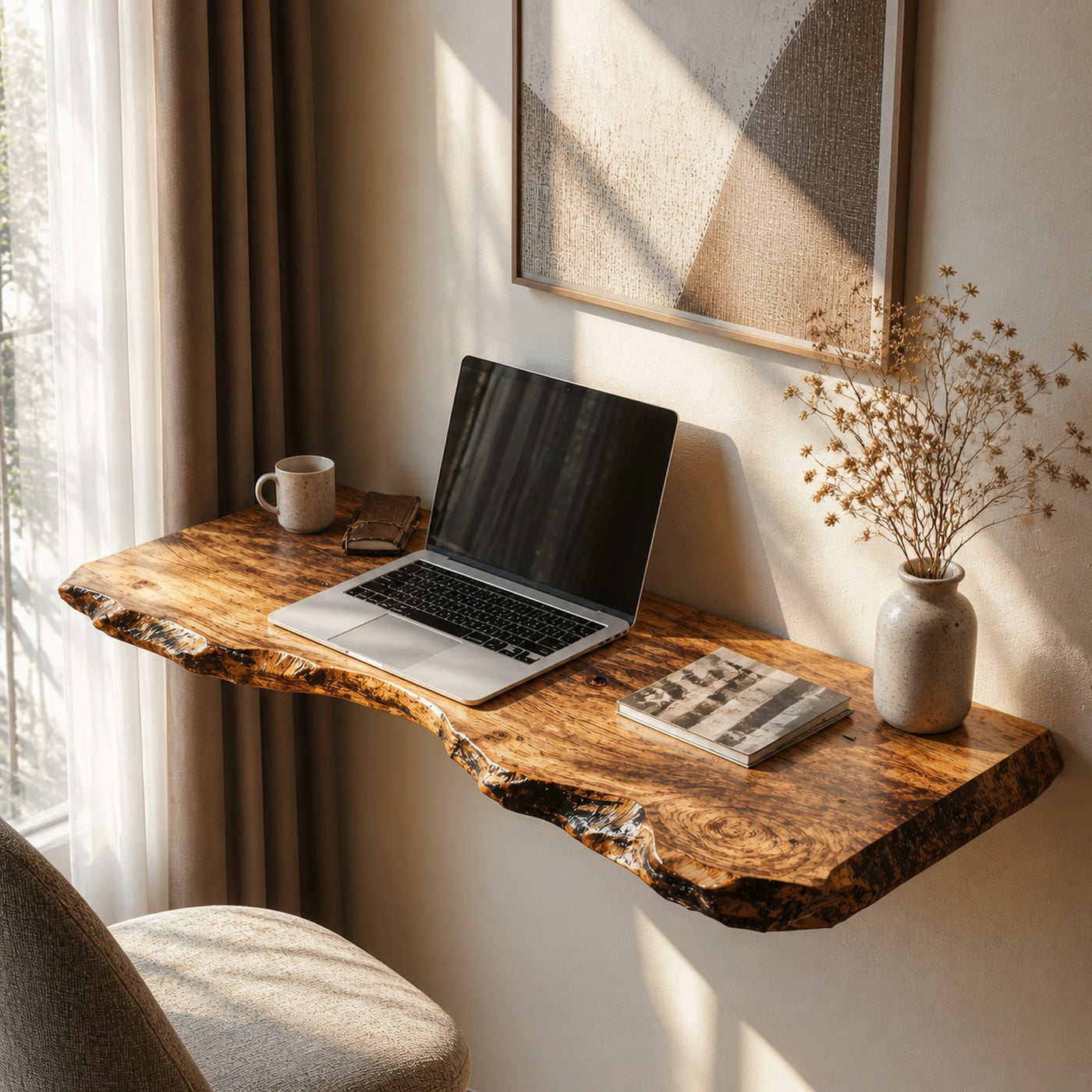 Rustic Wooden Floating Table For Warm Bedroom Atmosphere