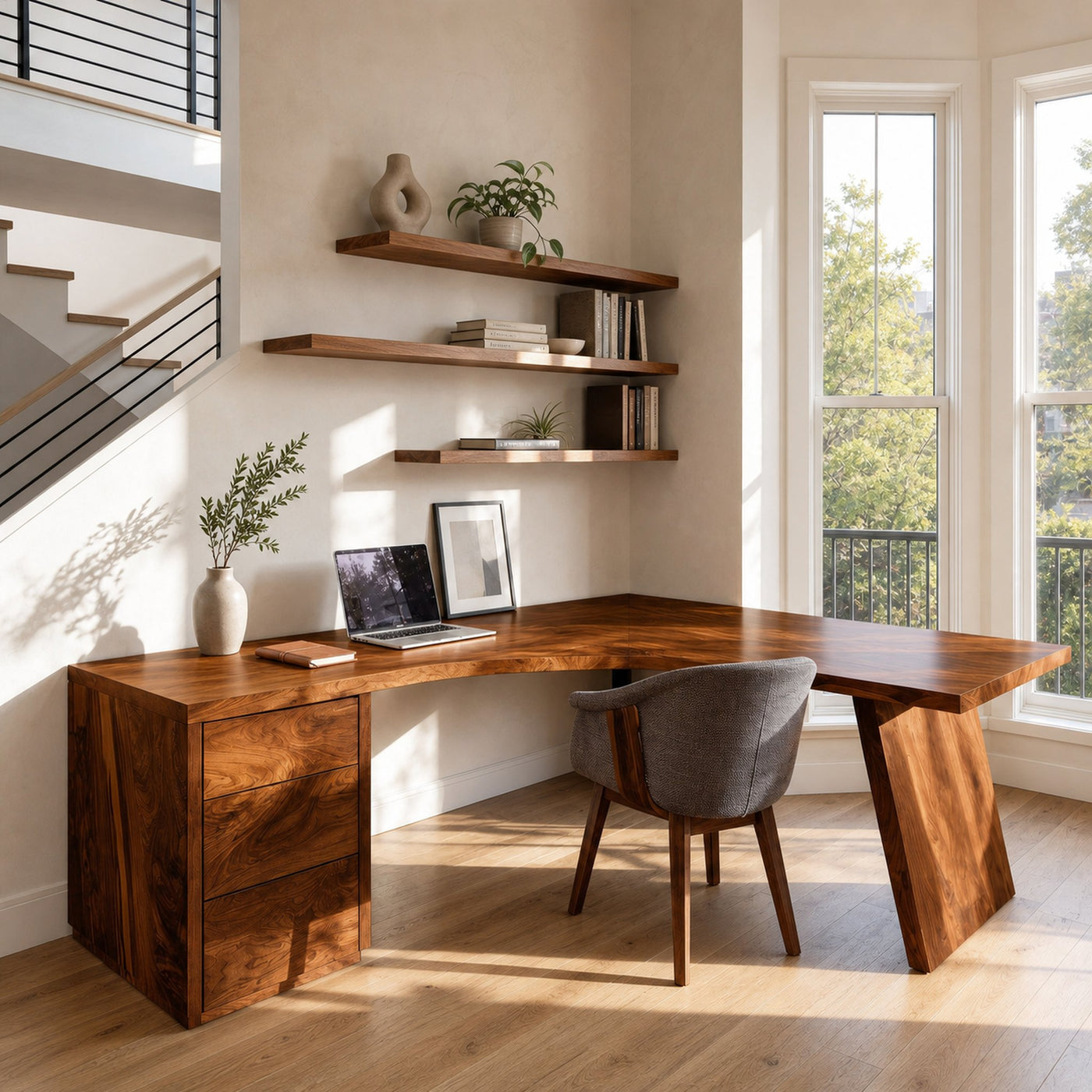 Rustic Wooden L-Shaped Desk For Bright Study Room