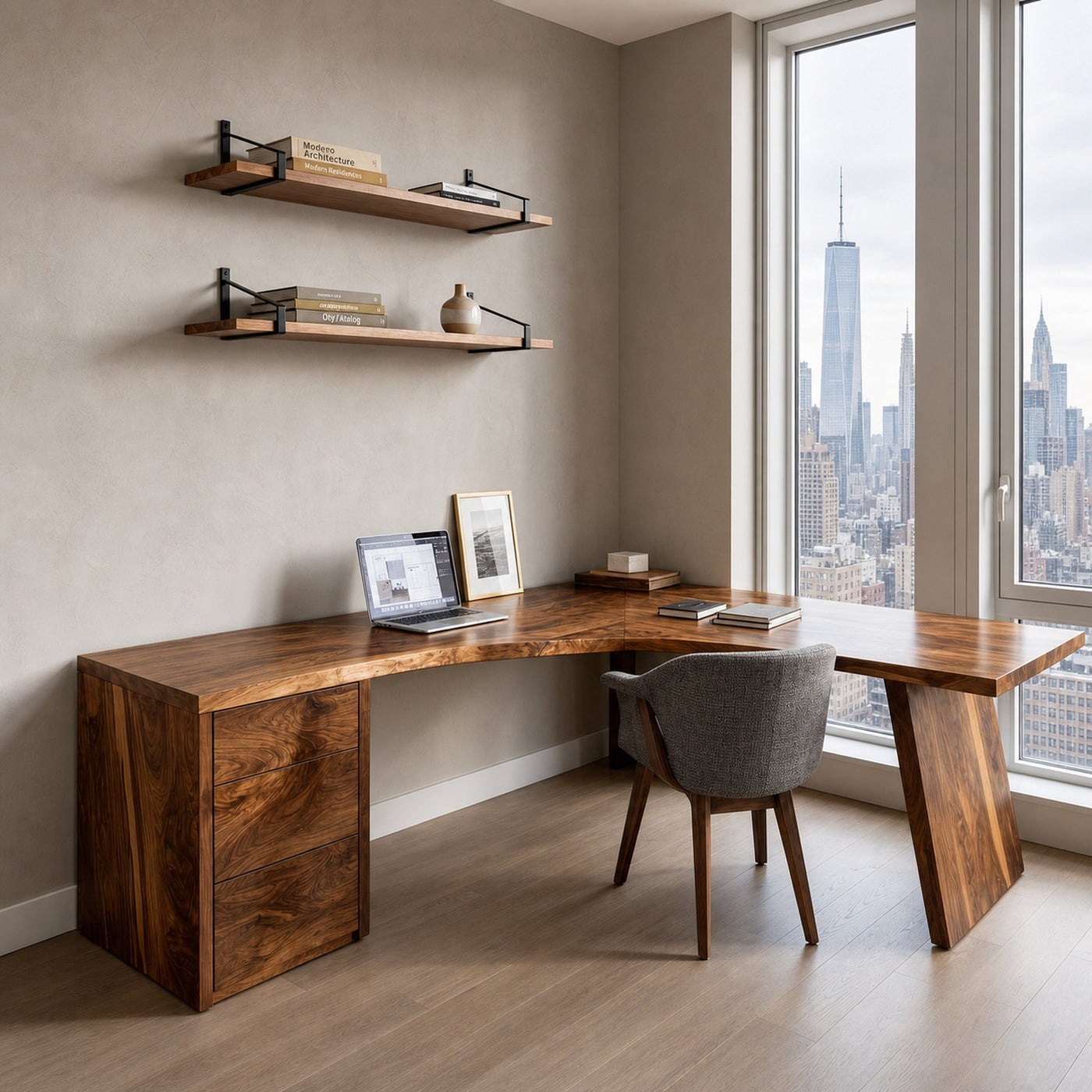 Rustic Wooden L-Shaped Desk For Bright Study Room - product view 6