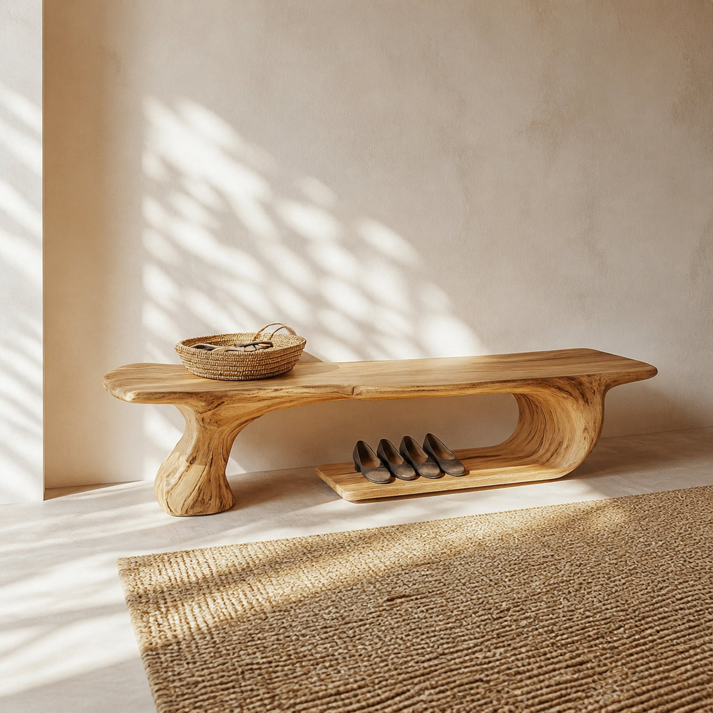 Rustic Wooden Shoe Bench With Organic Design Foyer