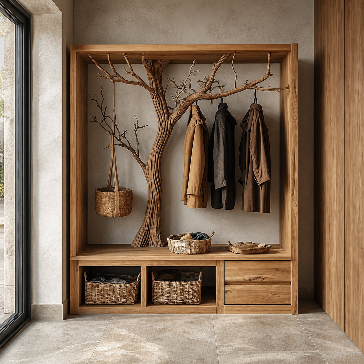 Rustic Wooden Tree Branch Entryway Cabinet Dressing Room