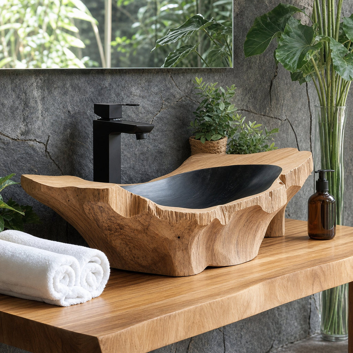 Rustic Wooden Vessel Sink For Nature-Inspired Bathroom