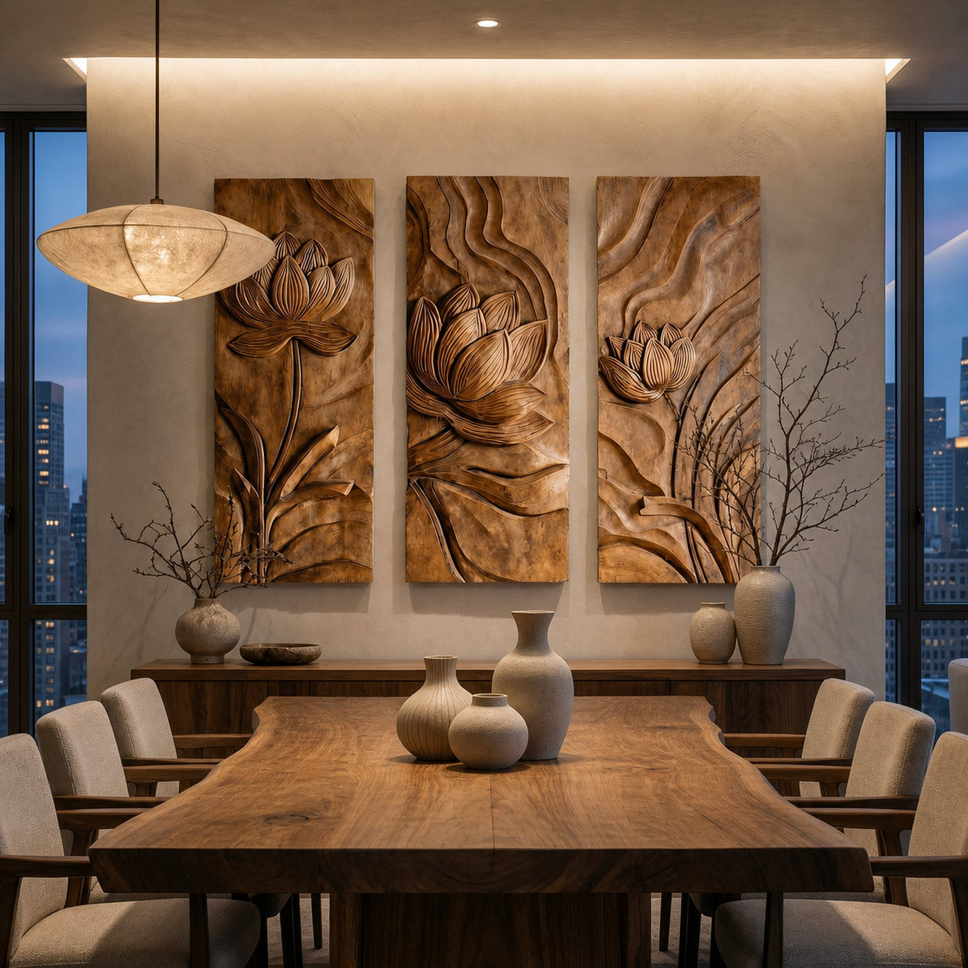 Scandinavian Minimalist Carved Wood Floral Art For Living Room