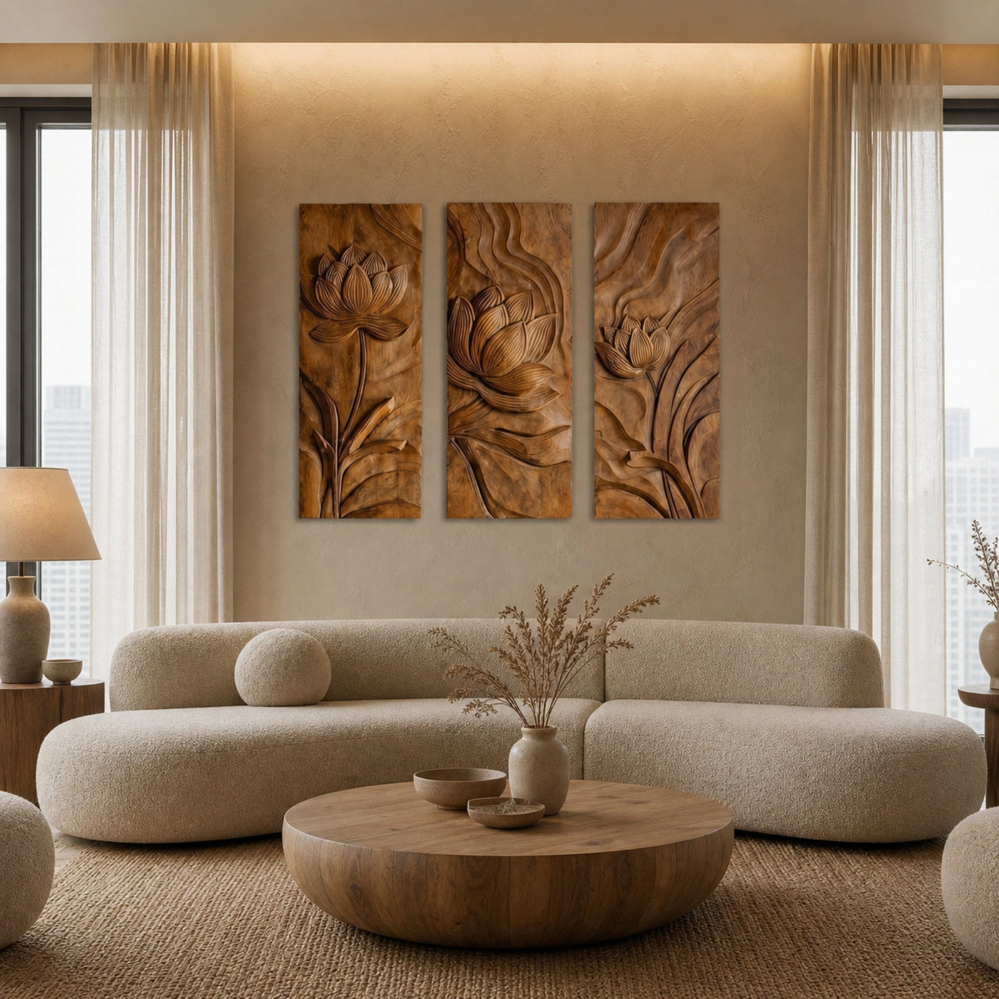 Scandinavian Minimalist Carved Wood Floral Art For Living Room - product view 2