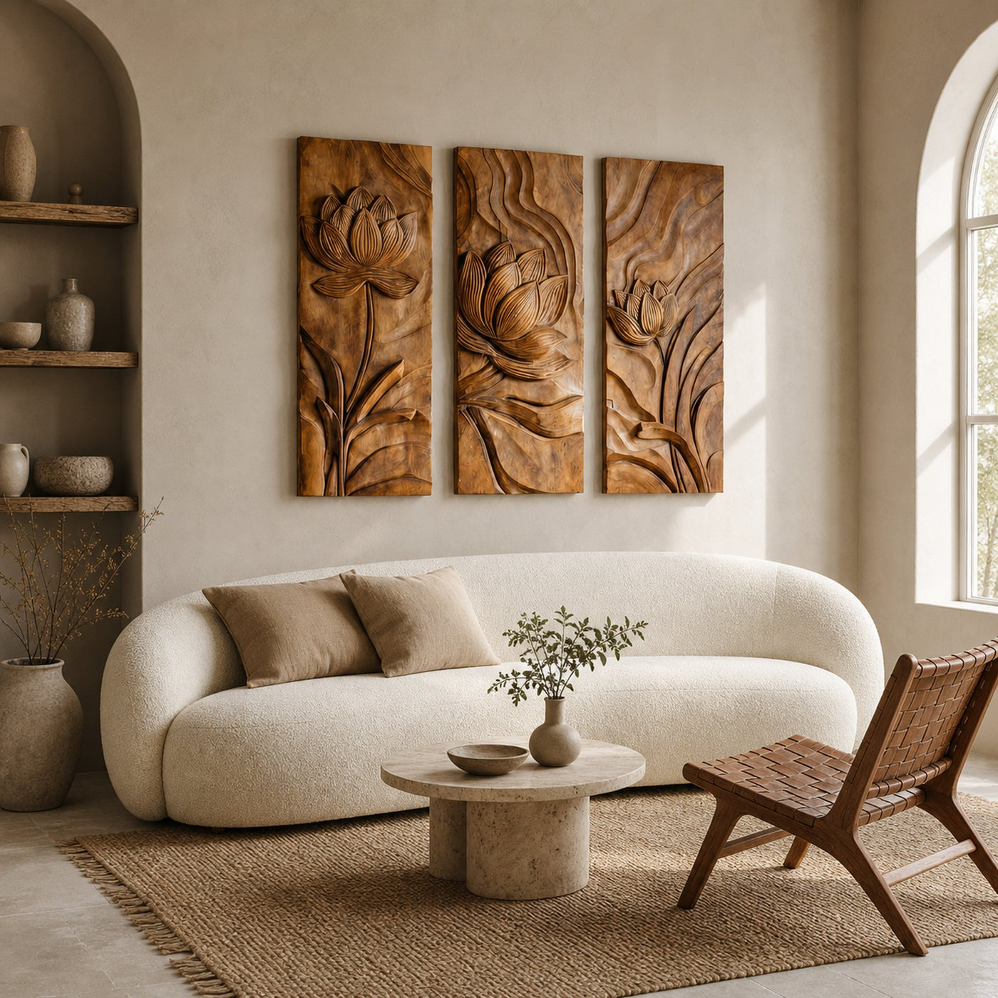 Scandinavian Minimalist Carved Wood Floral Art For Living Room - product view 3