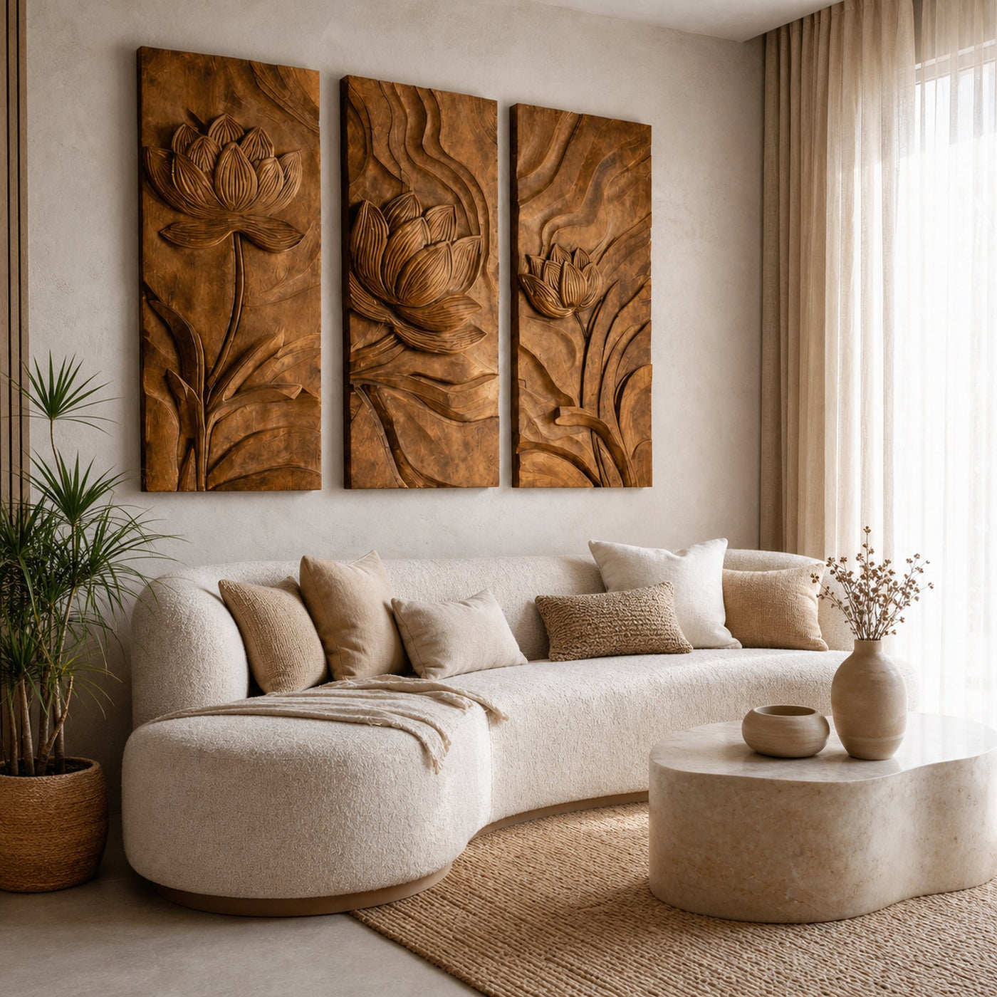 Scandinavian Minimalist Carved Wood Floral Art For Living Room - product view 4
