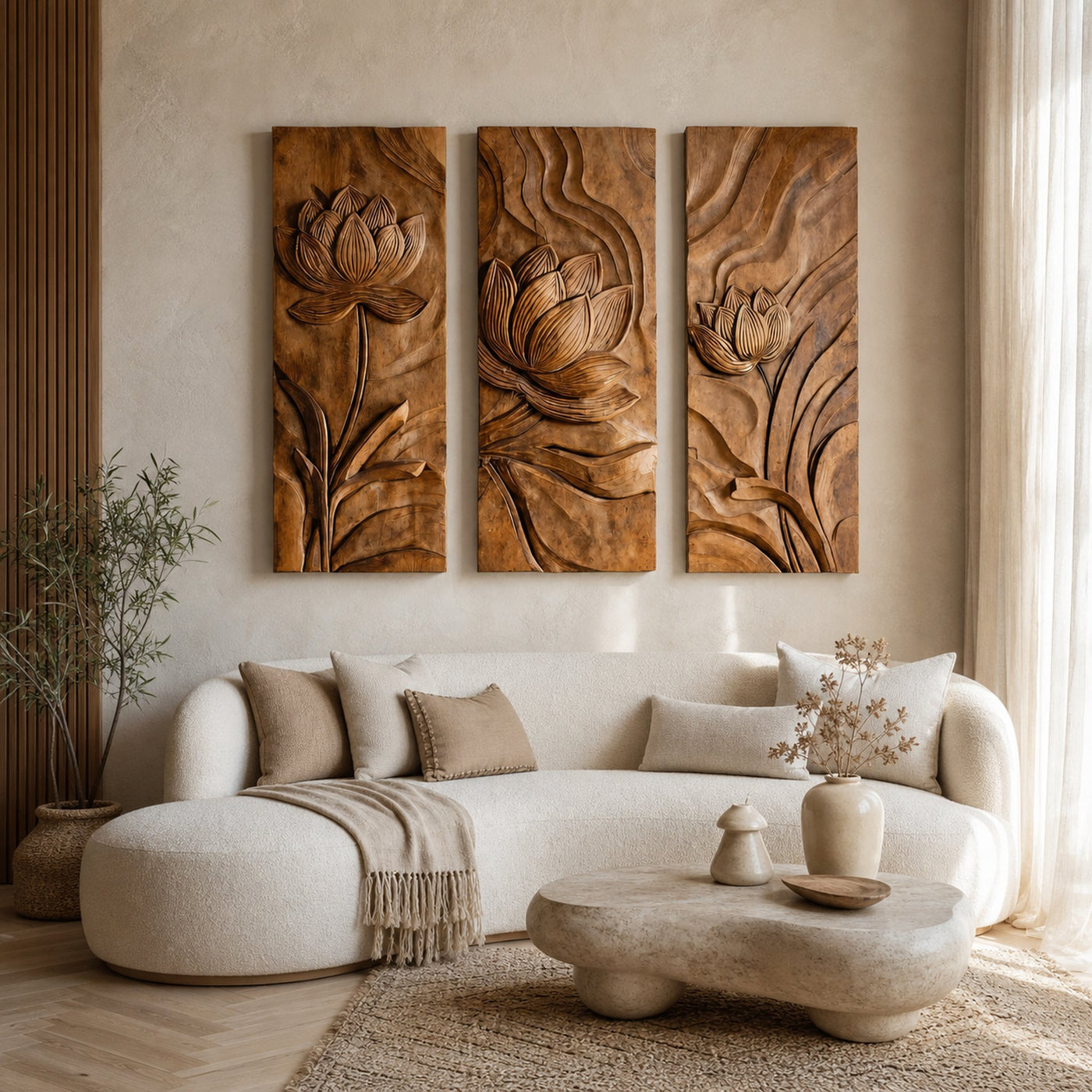 Scandinavian Minimalist Carved Wood Floral Art For Living Room - product view 5