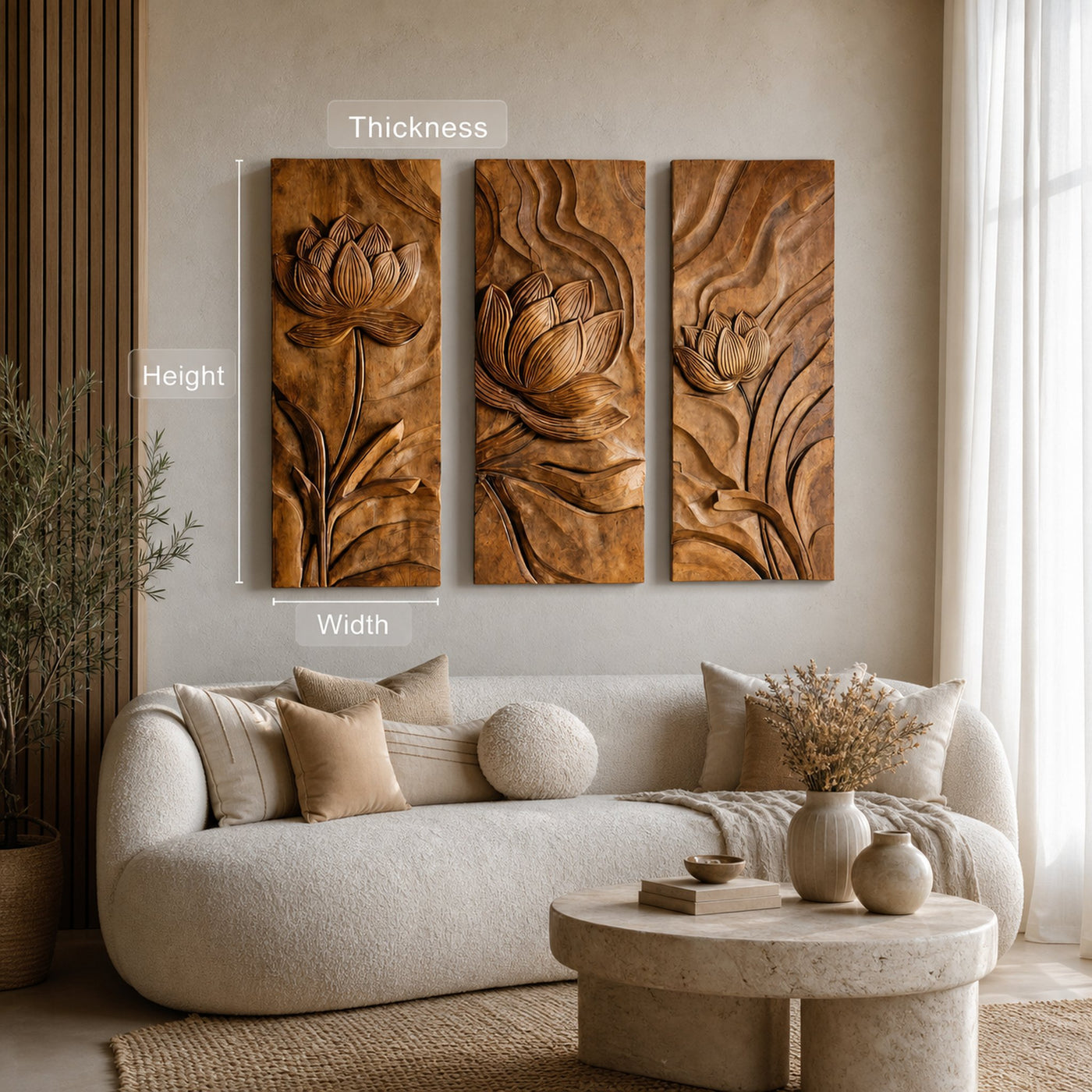 Scandinavian Minimalist Carved Wood Floral Art For Living Room - product view 6