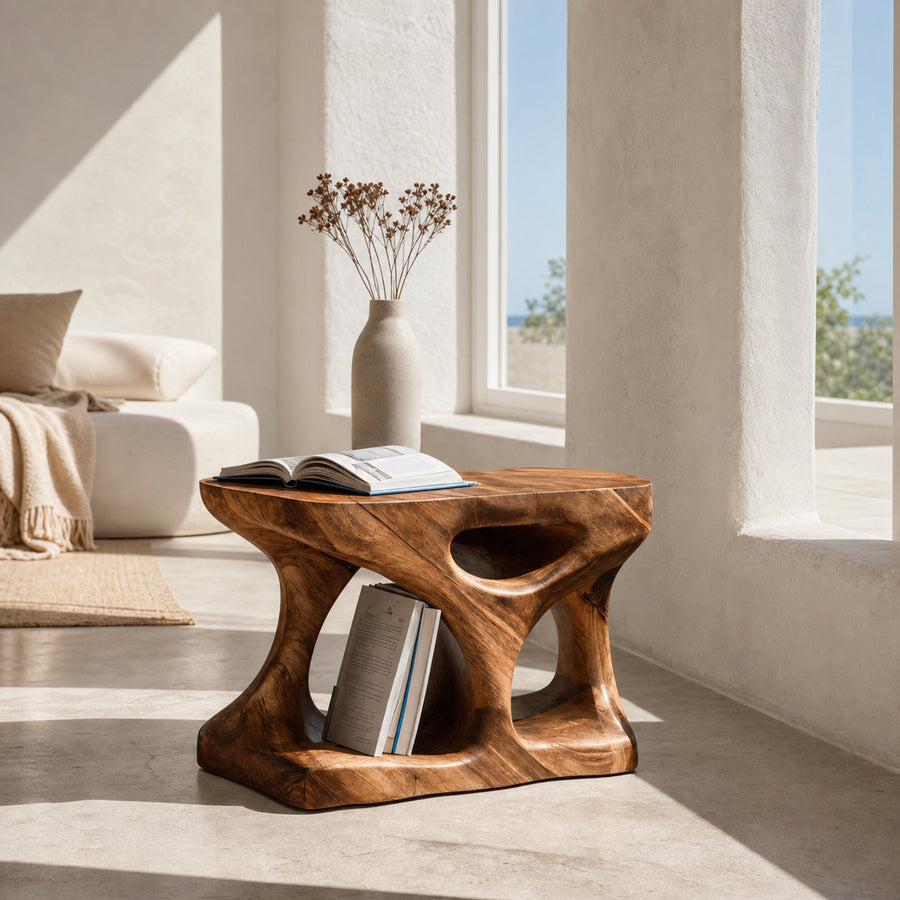 Scandinavian Solid Wood End Table With Minimal Curves And Open Shelf For Living Room