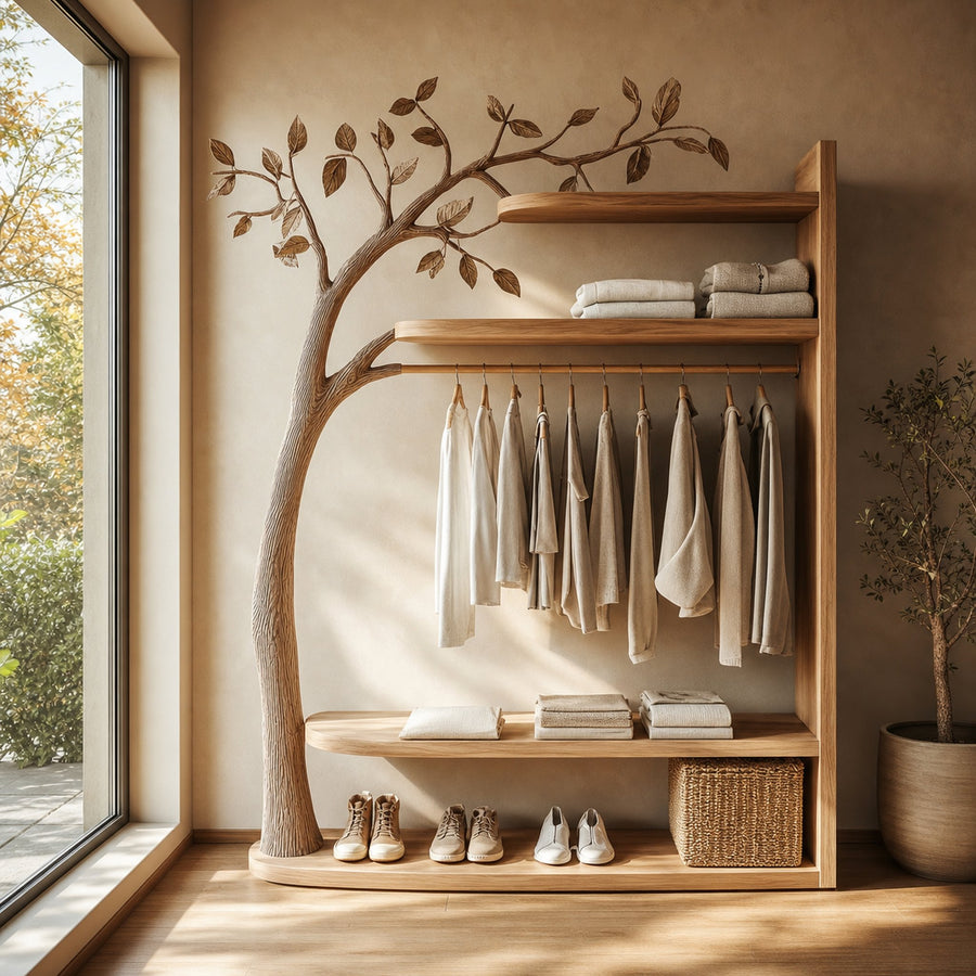 Scandinavian Solid Wood Tree Wardrobe Organizer Natural Living Room