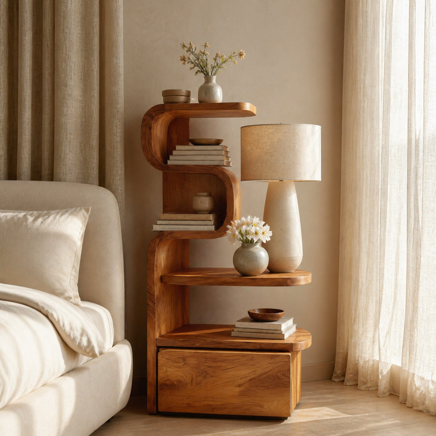 Sculpted Nightstand With Shelves And Drawers For Bedroom