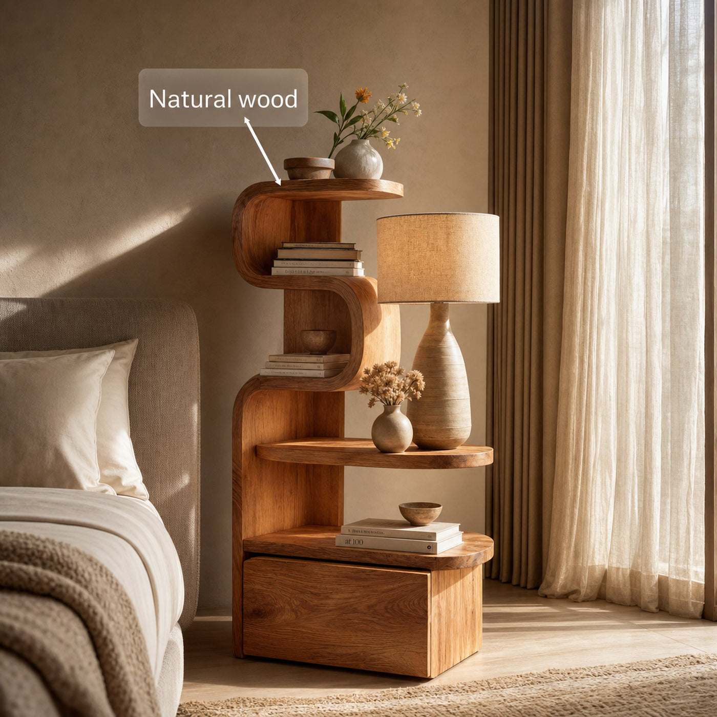 Sculpted Nightstand With Shelves And Drawers For Bedroom - product view 6