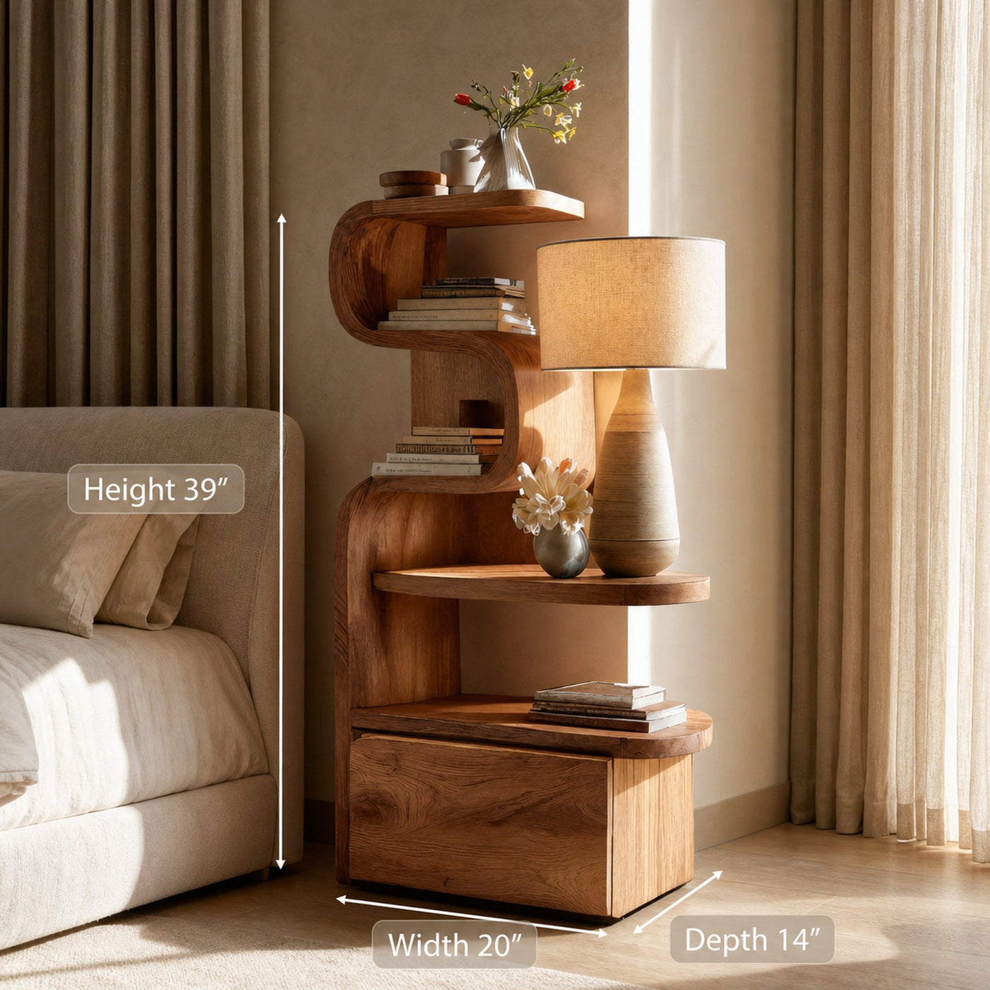 Sculpted Nightstand With Shelves And Drawers For Bedroom - product view 7