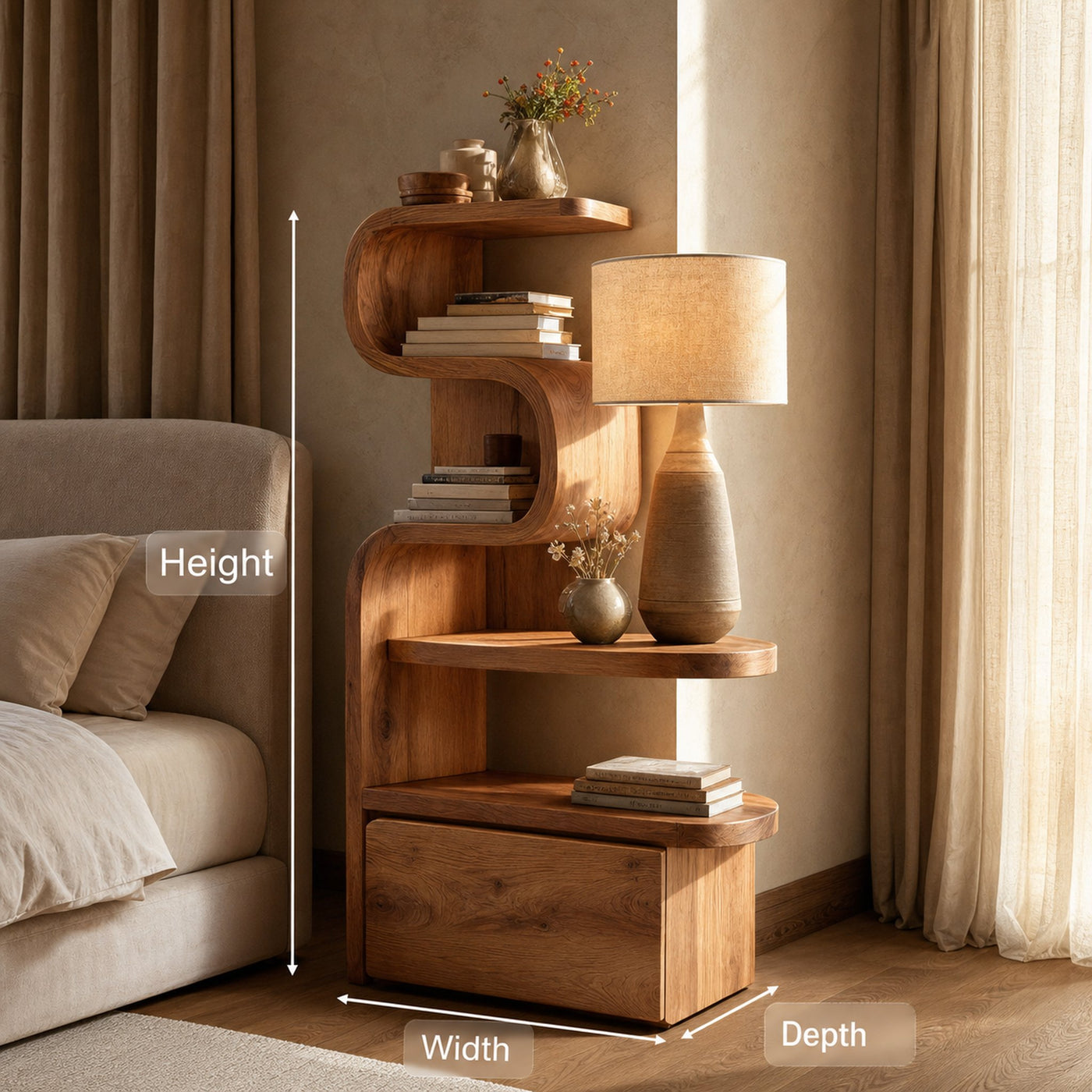 Sculpted Nightstand With Shelves And Drawers For Bedroom - product view 8