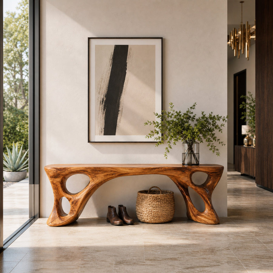 Sculptural Bench With Carved Design For Entryway