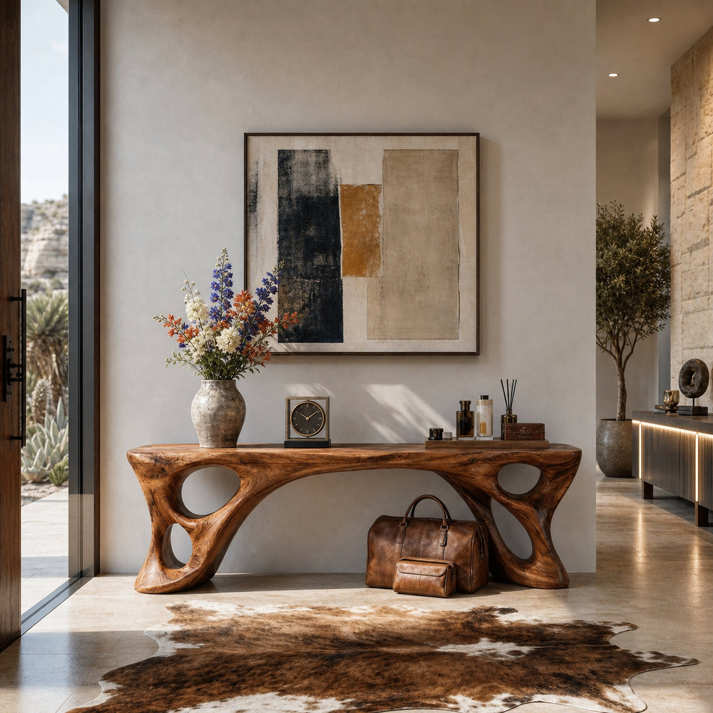 Sculptural Bench With Carved Design For Entryway - product view 6