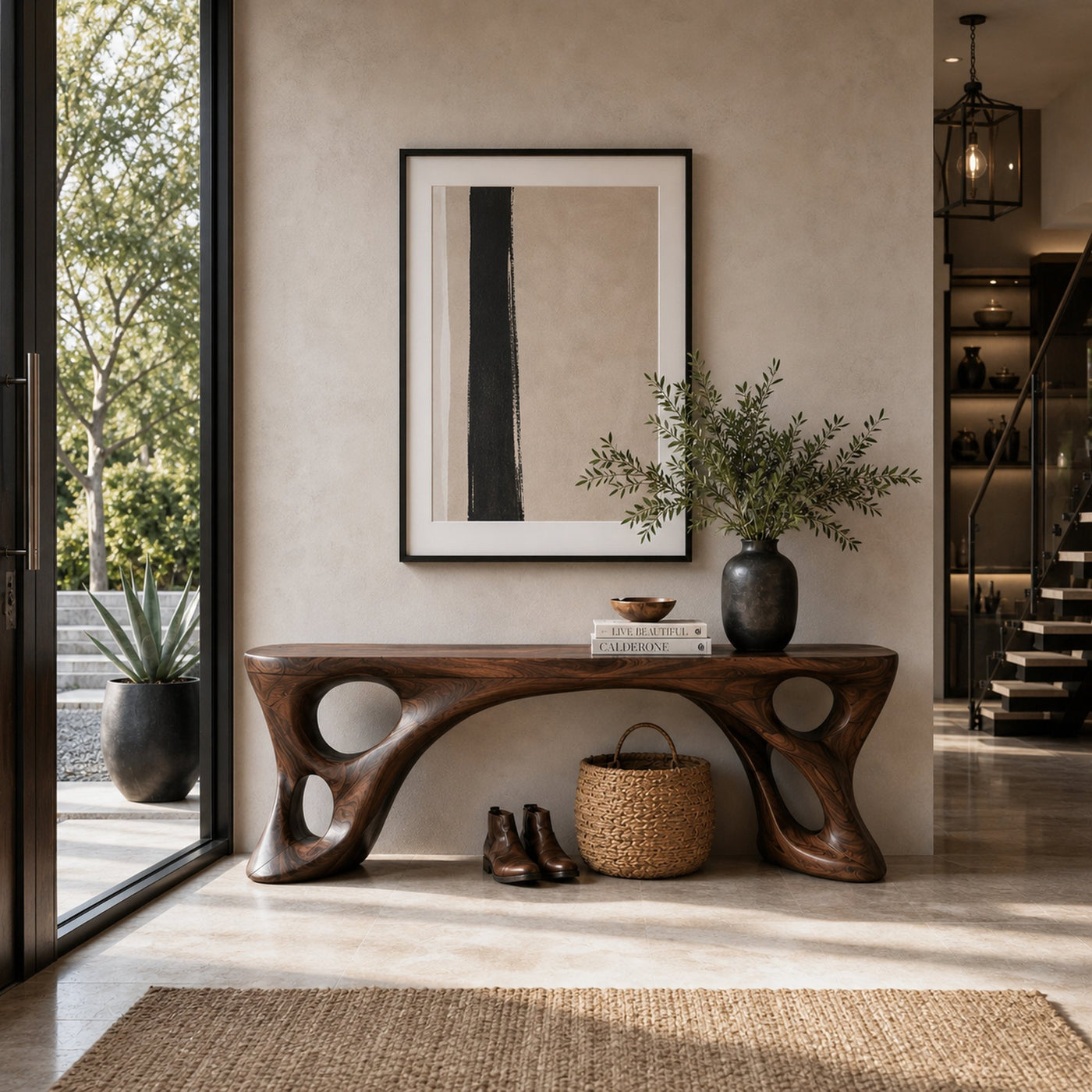 Sculptural Bench With Carved Design For Entryway - product view 7
