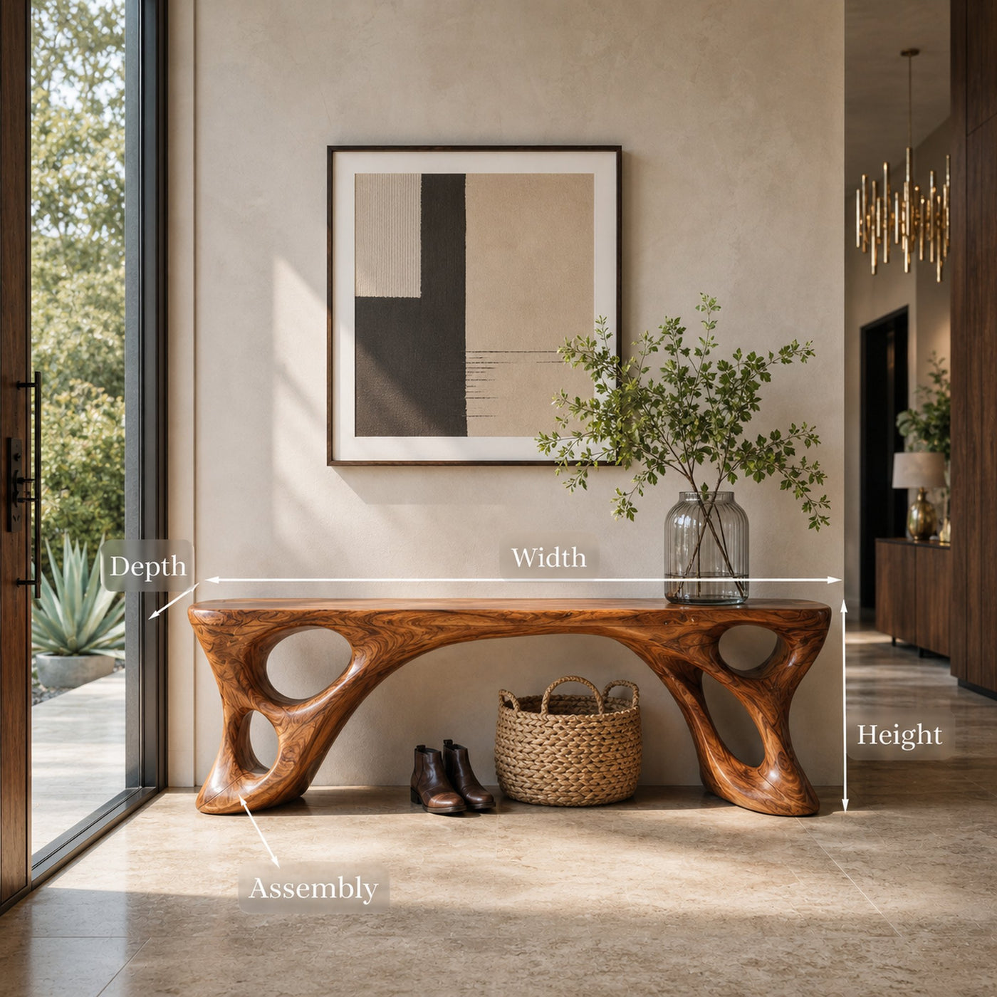 Sculptural Bench With Carved Design For Entryway - product view 8